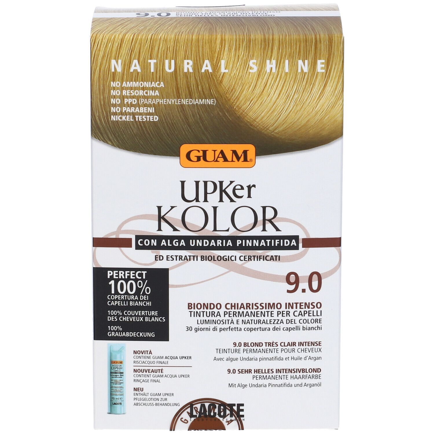 GUAM Upker Kolor tinta capelli Biondo Chiarissimo Intenso 9.0. Confezione con immagine e testo.