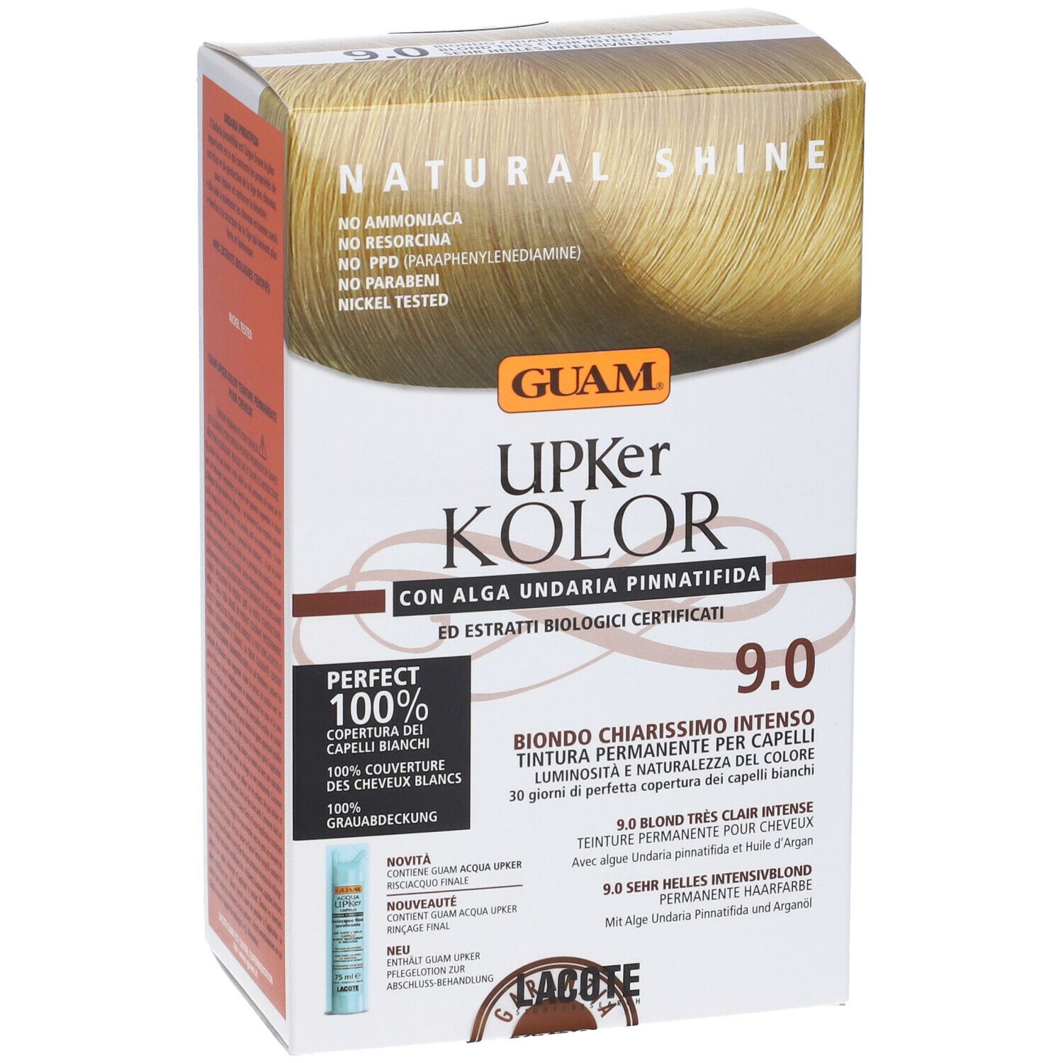 GUAM Upker Kolor tinta capelli Biondo Chiarissimo Intenso 9.0. Confezione con immagine e testo. Vista obliqua.