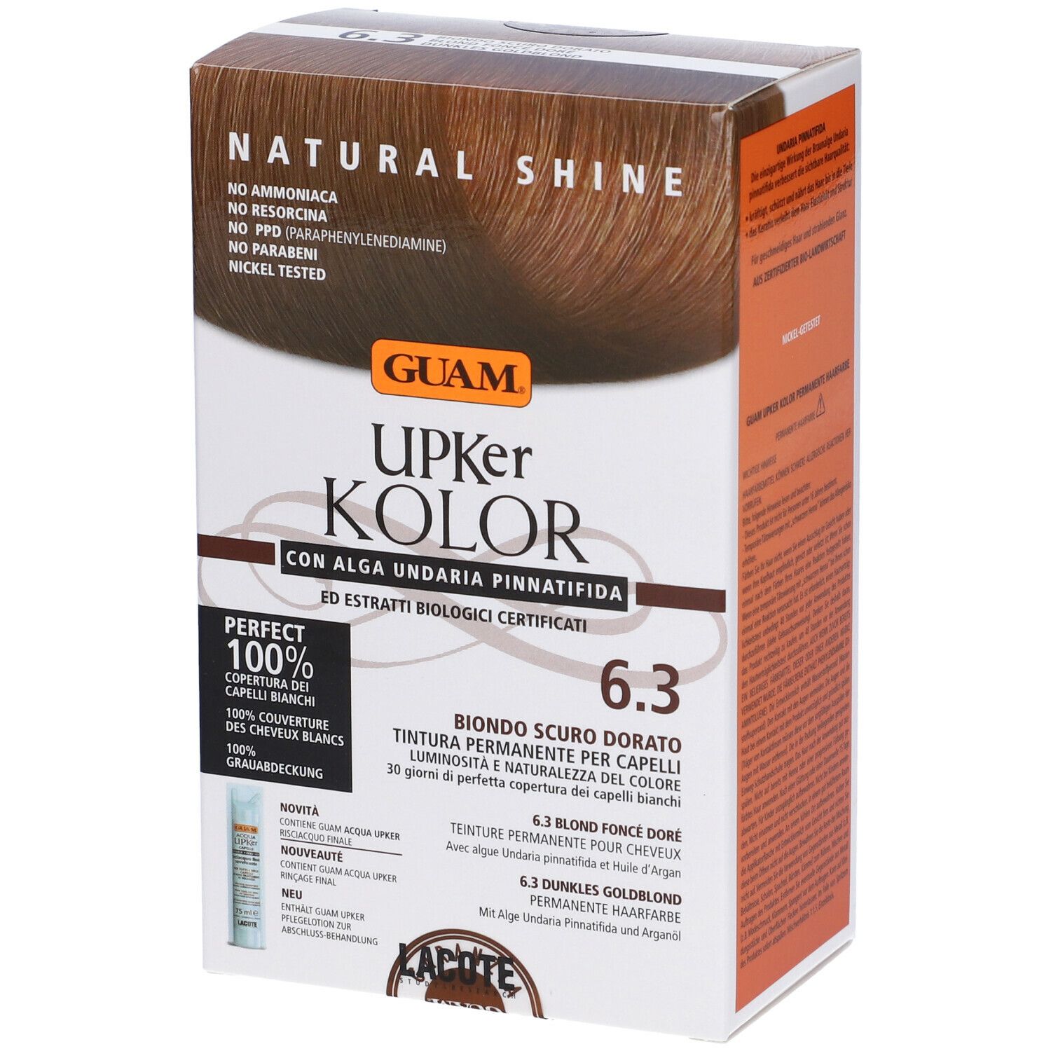 GUAM Upker Kolor tinta per capelli 6.3. Con Alga Undaria Pinnatifida. Confezione con immagine e testo del prodotto.