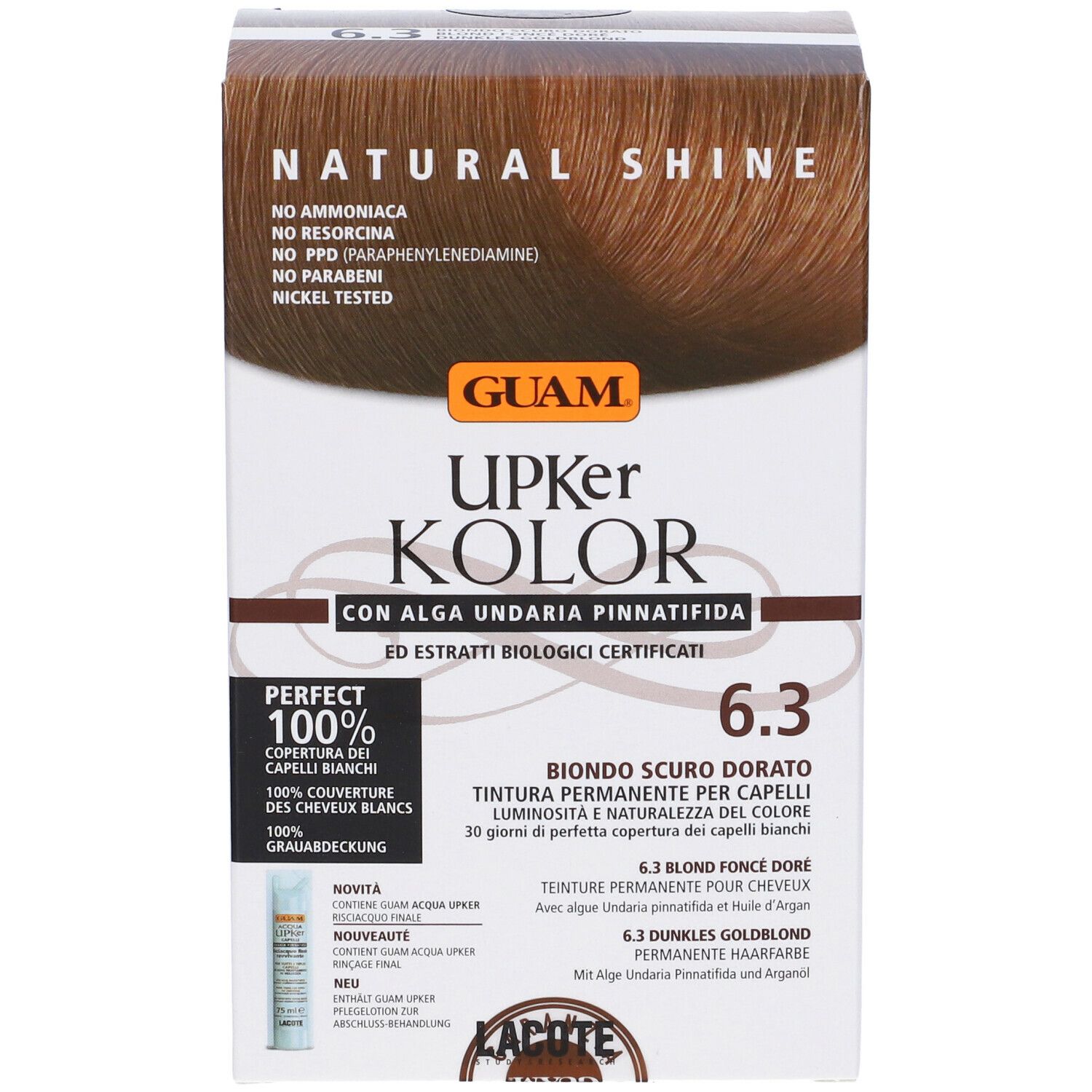 GUAM Upker Kolor tinta per capelli 6.3. Con Alga Undaria Pinnatifida. Confezione con immagine e testo del prodotto.