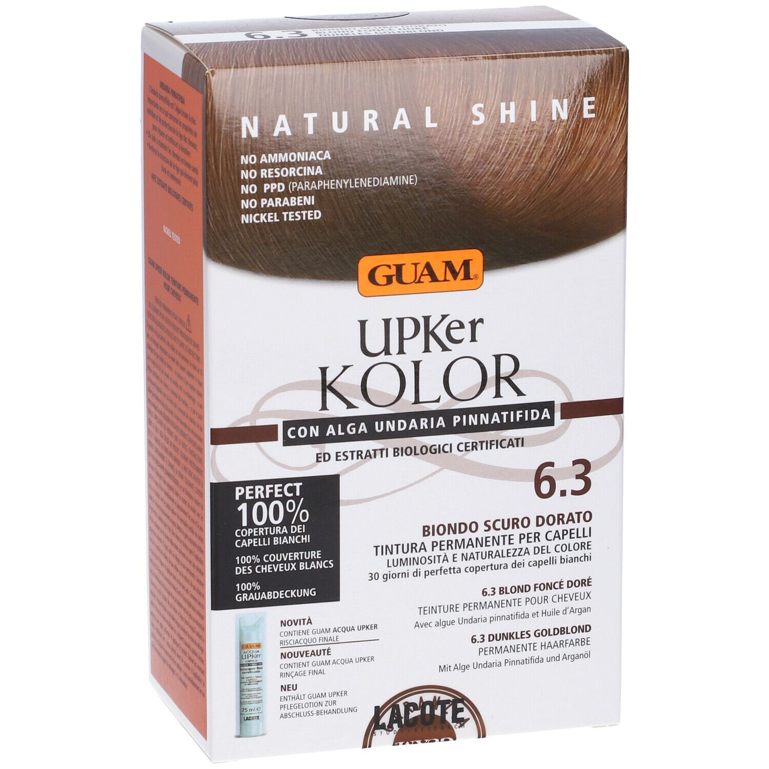 GUAM Upker Kolor tinta per capelli 6.3. Con Alga Undaria Pinnatifida. Confezione con immagine e testo del prodotto.