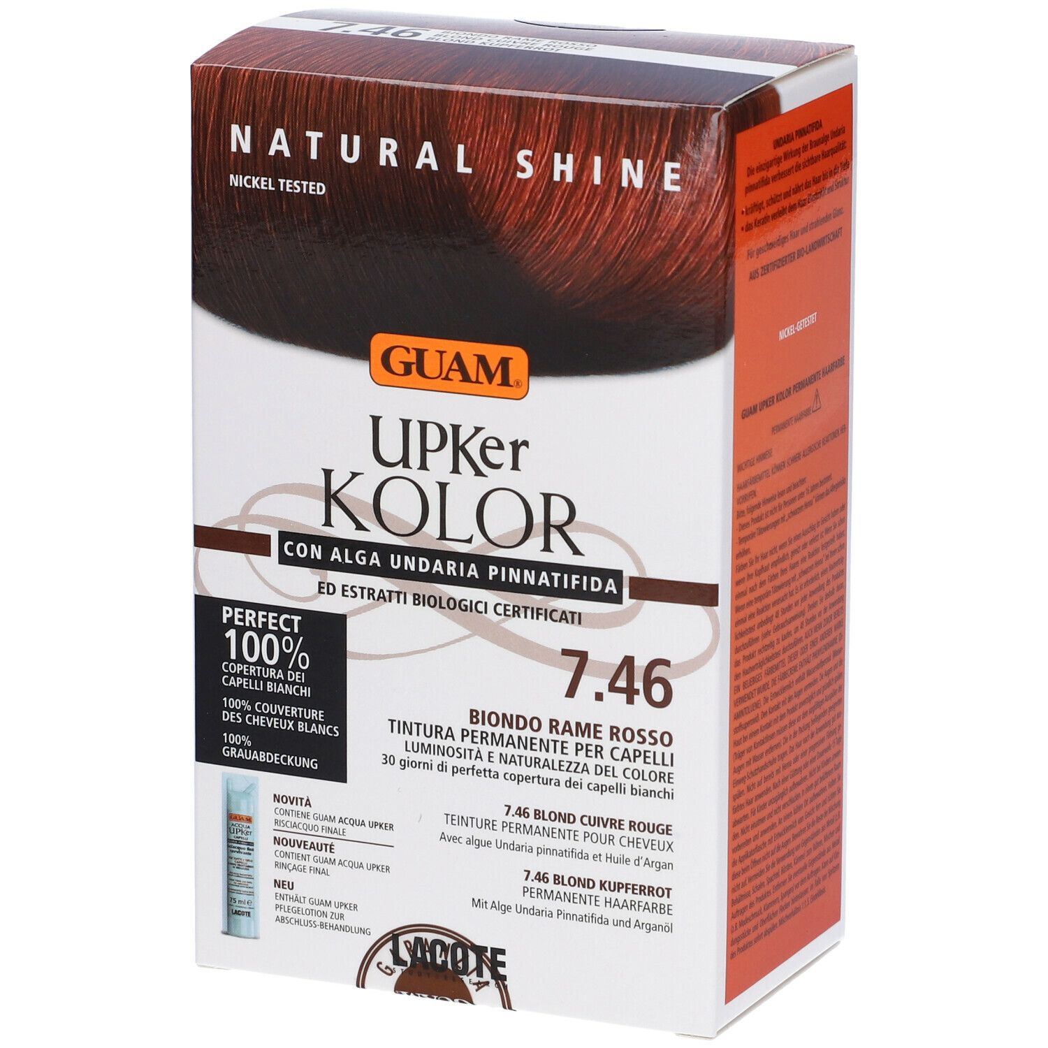 GUAM Upker Kolor, tinta 7.46 Biondo Rame Rosso. Confezione con nome, logo e caratteristiche.