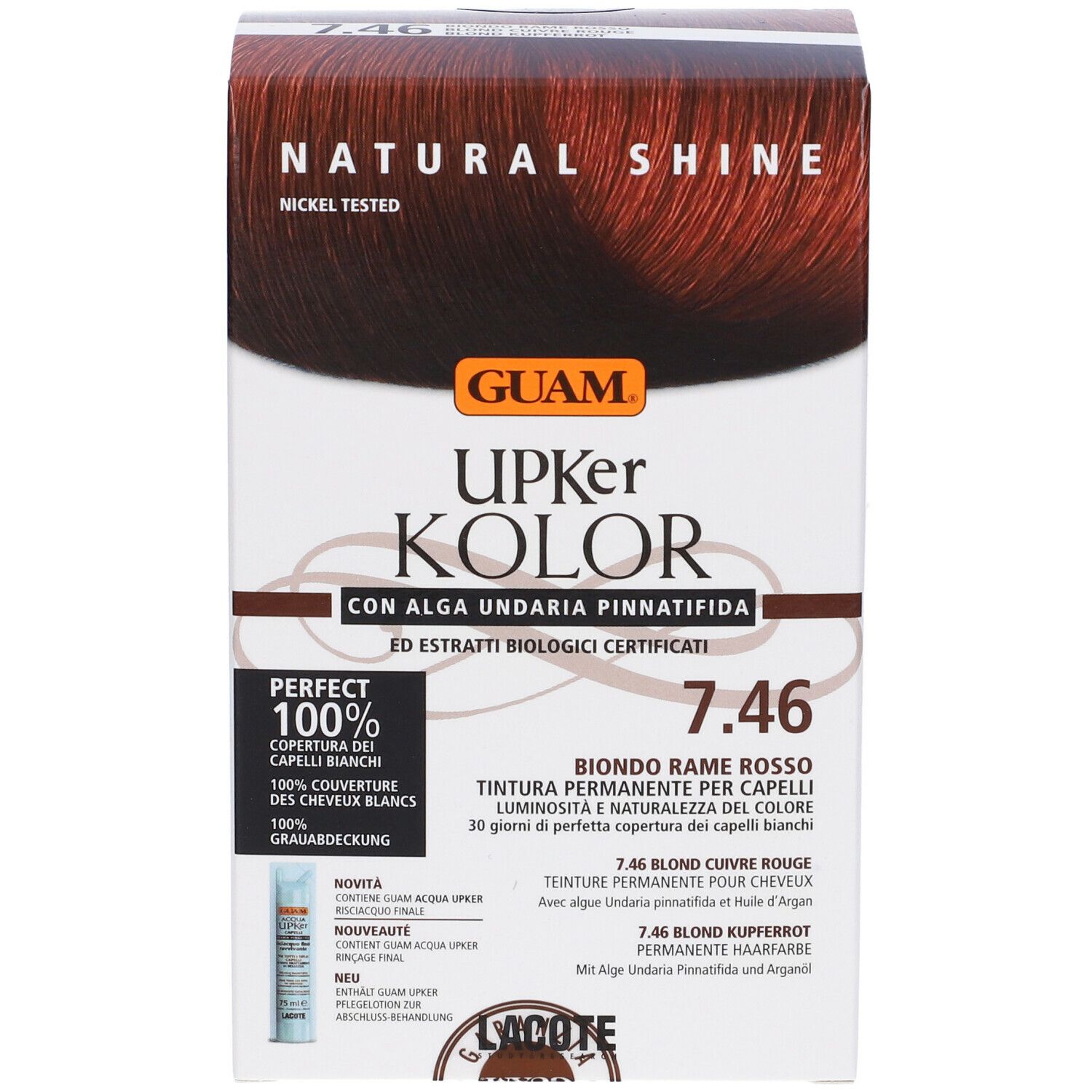 GUAM Upker Kolor, tinta 7.46 Biondo Rame Rosso. Confezione con nome, logo e caratteristiche.