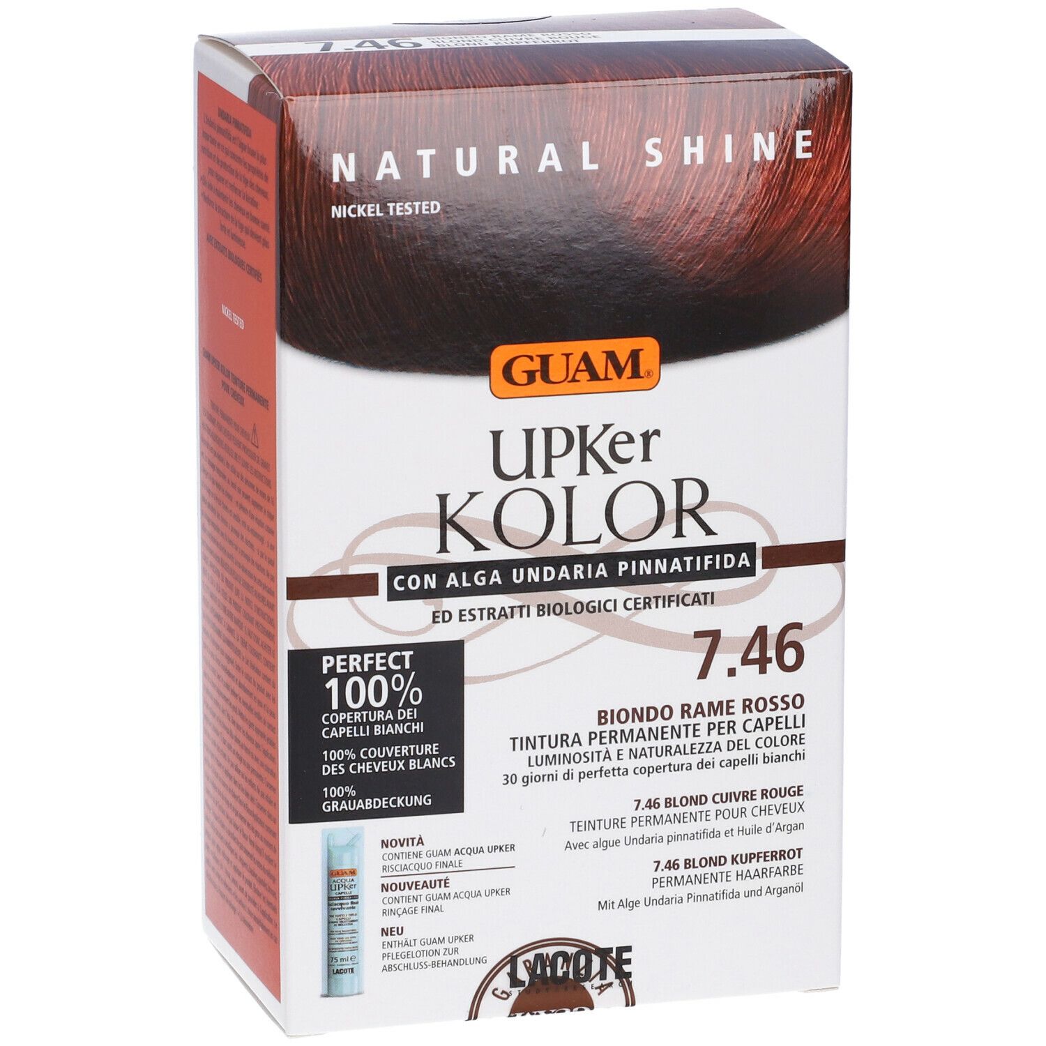 GUAM Upker Kolor, tinta 7.46 Biondo Rame Rosso. Confezione con nome, logo e caratteristiche.