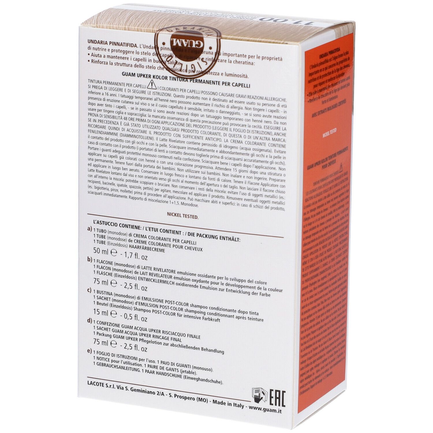 Confezione di tinta per capelli GUAM Upker Kolor. Biondo Superplatino Naturale 11.00. Testo e ingredienti. Nickel tested.