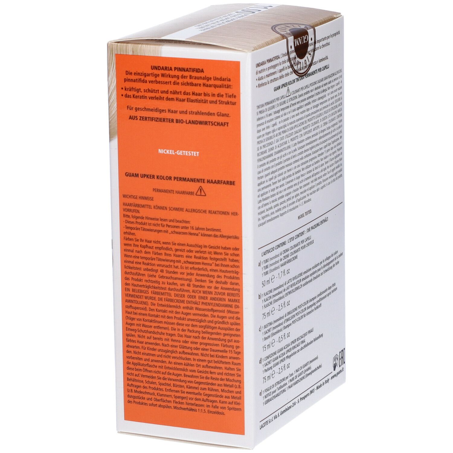 Confezione di tinta per capelli GUAM Upker Kolor. Biondo Superplatino Naturale 11.00. Testo e ingredienti. Nickel tested.