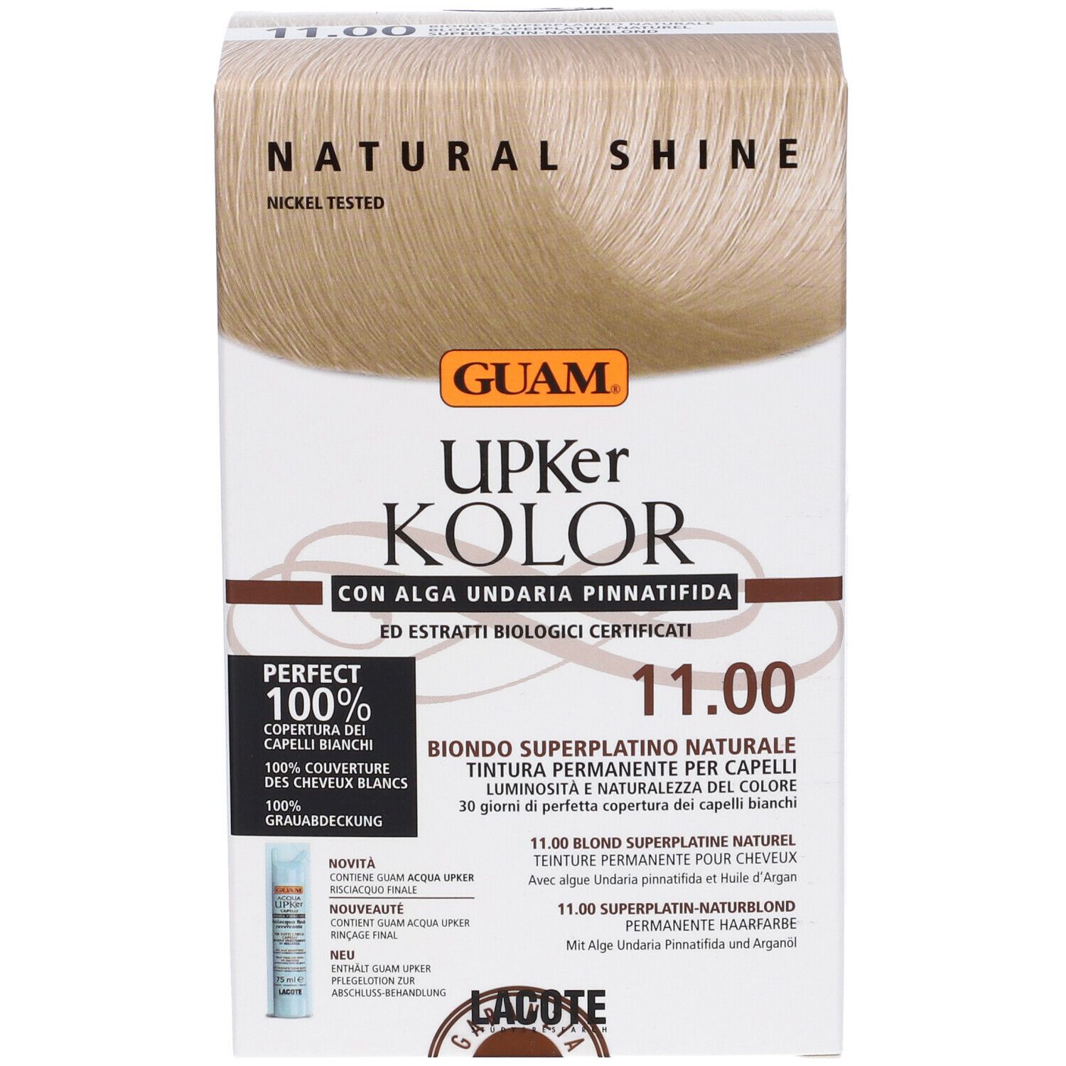 Confezione di tinta per capelli GUAM Upker Kolor. Biondo Superplatino Naturale 11.00. Testo e ingredienti. Nickel tested.