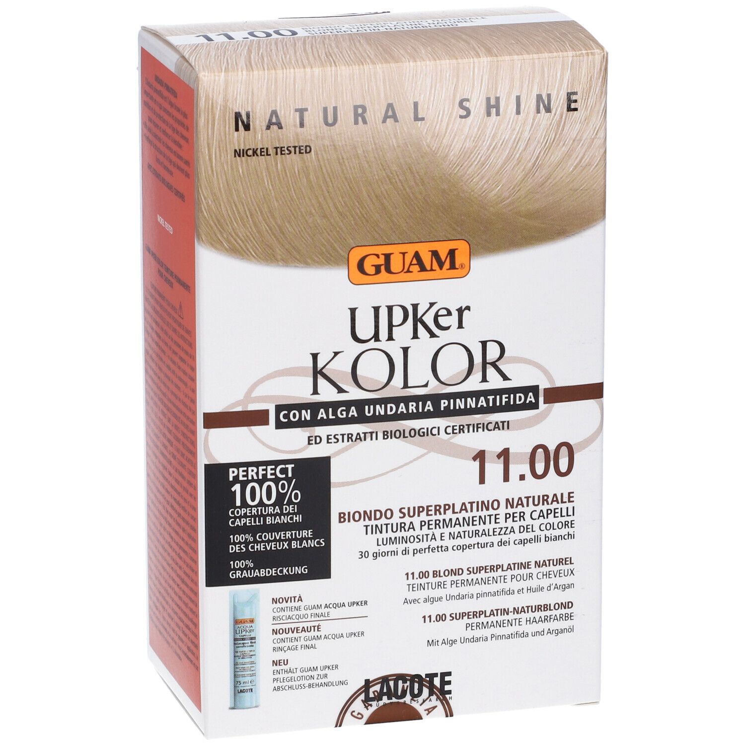 Confezione di tinta per capelli GUAM Upker Kolor. Biondo Superplatino Naturale 11.00. Logo e testo. Nickel tested.