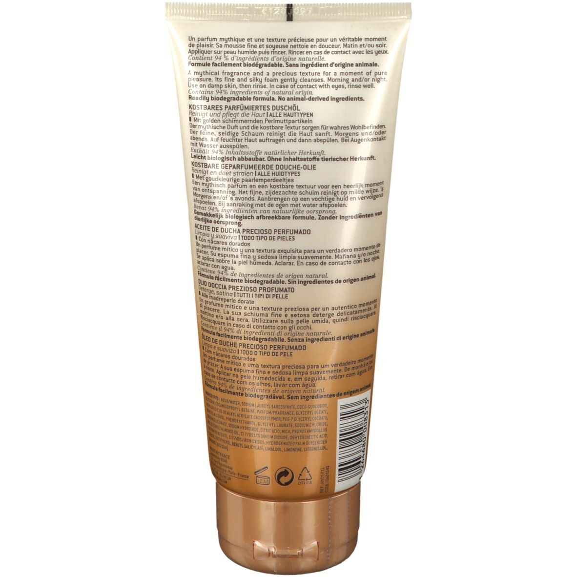 Rückseite einer Tube. Text in mehreren Sprachen. Beige und goldfarbenes Design. Produktname nicht sichtbar.