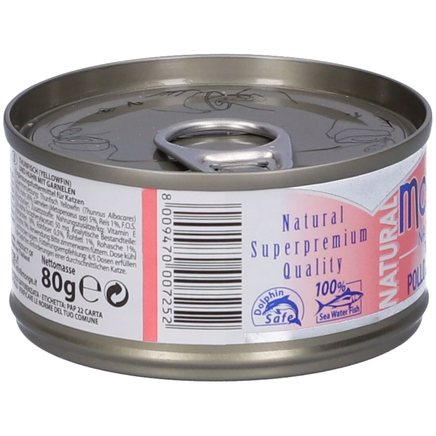 Lattina di cibo per gatti Monge Natural. Etichetta rosa con testo e 80g. Loghi "Dolphin Safe" e "Sea Water Fish". Testo sul retro.