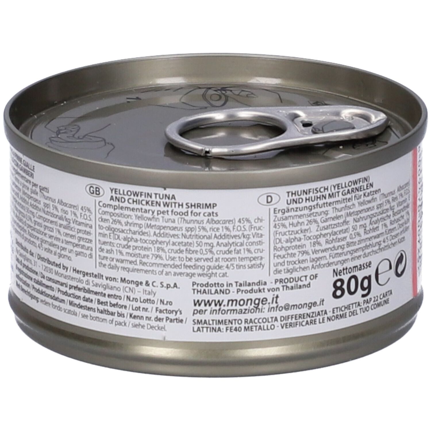 Lattina di cibo per gatti Monge Natural. Testo in tedesco e inglese. "Tonno (pinne gialle) e pollo con gamberi". 80g. Prodotto in Thailandia.
