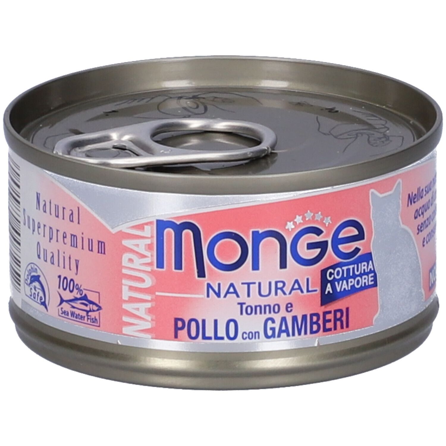 Lattina di cibo per gatti Monge Natural. Etichetta rosa con testo e sagoma di gatto. "Tonno e Pollo con Gamberi" e "Cottura a Vapore".
