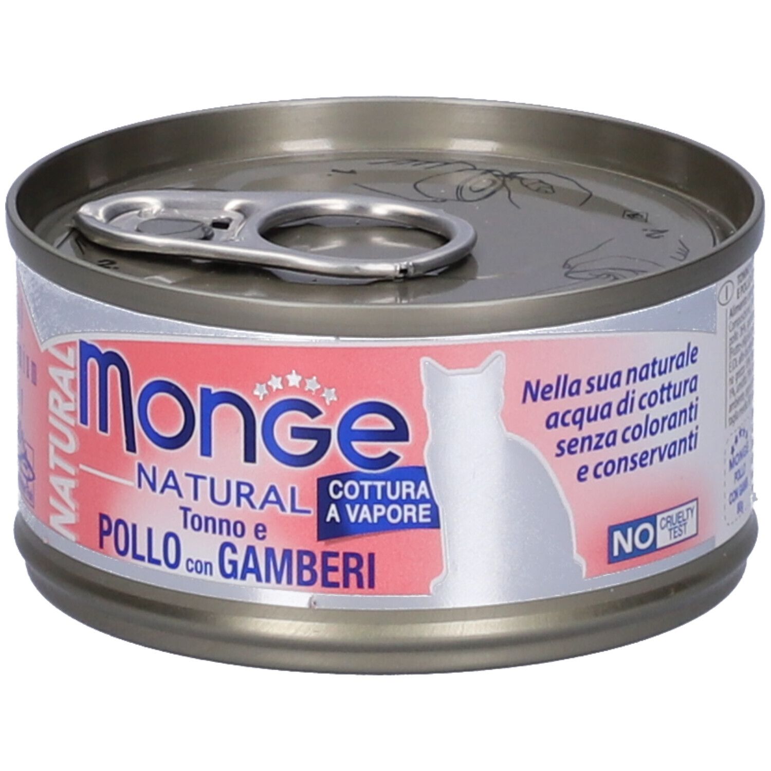 Lattina di cibo per gatti Monge Natural. Etichetta rosa con testo e sagoma di gatto. "Tonno e Pollo con Gamberi" e "Cottura a Vapore".