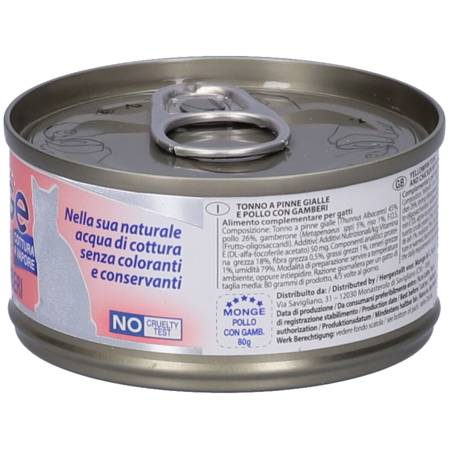 Lattina di cibo per gatti Monge Natural. Etichetta rosa con testo e sagoma di gatto. "Tonno e Pollo con Gamberi". 80g. "No Cruelty Test".