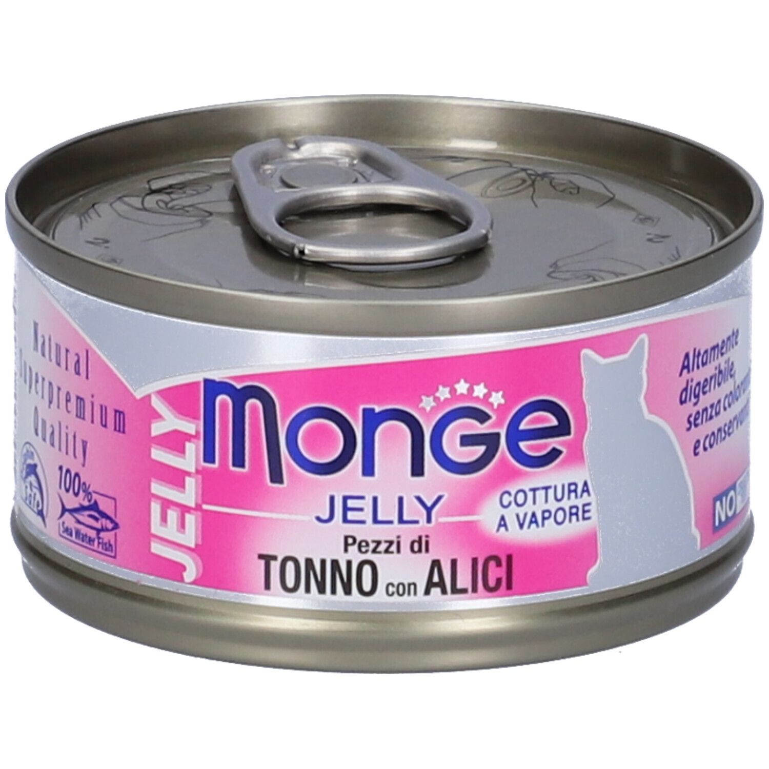 Lattina di cibo per gatti con etichetta rosa. Scritta: Monge Jelly Pezzi di Tonno con Alici. Contiene pesce.