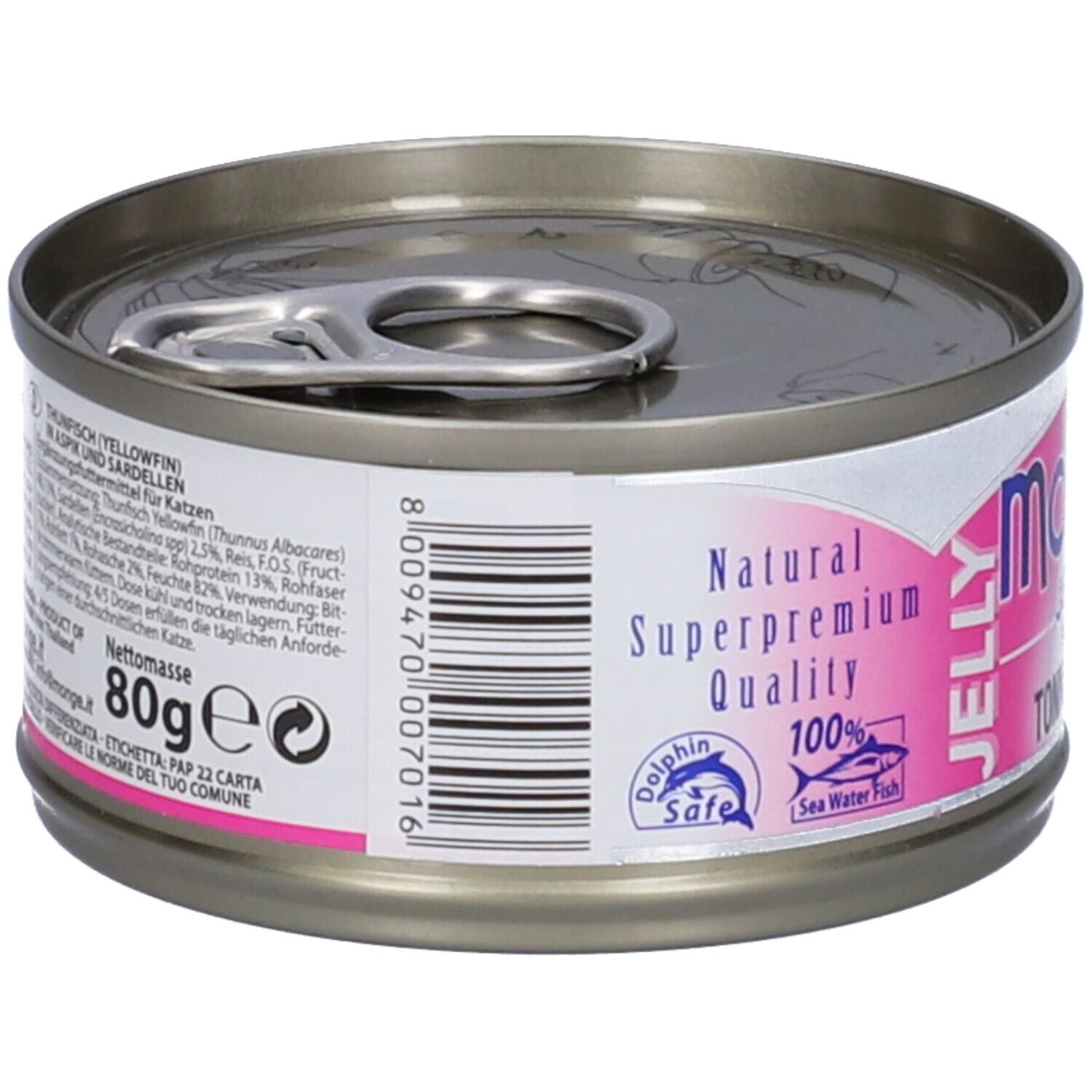 Lattina di cibo per gatti, vista laterale. Etichetta rosa con testo e codice a barre. Scritta: Monge Jelly. 80g.