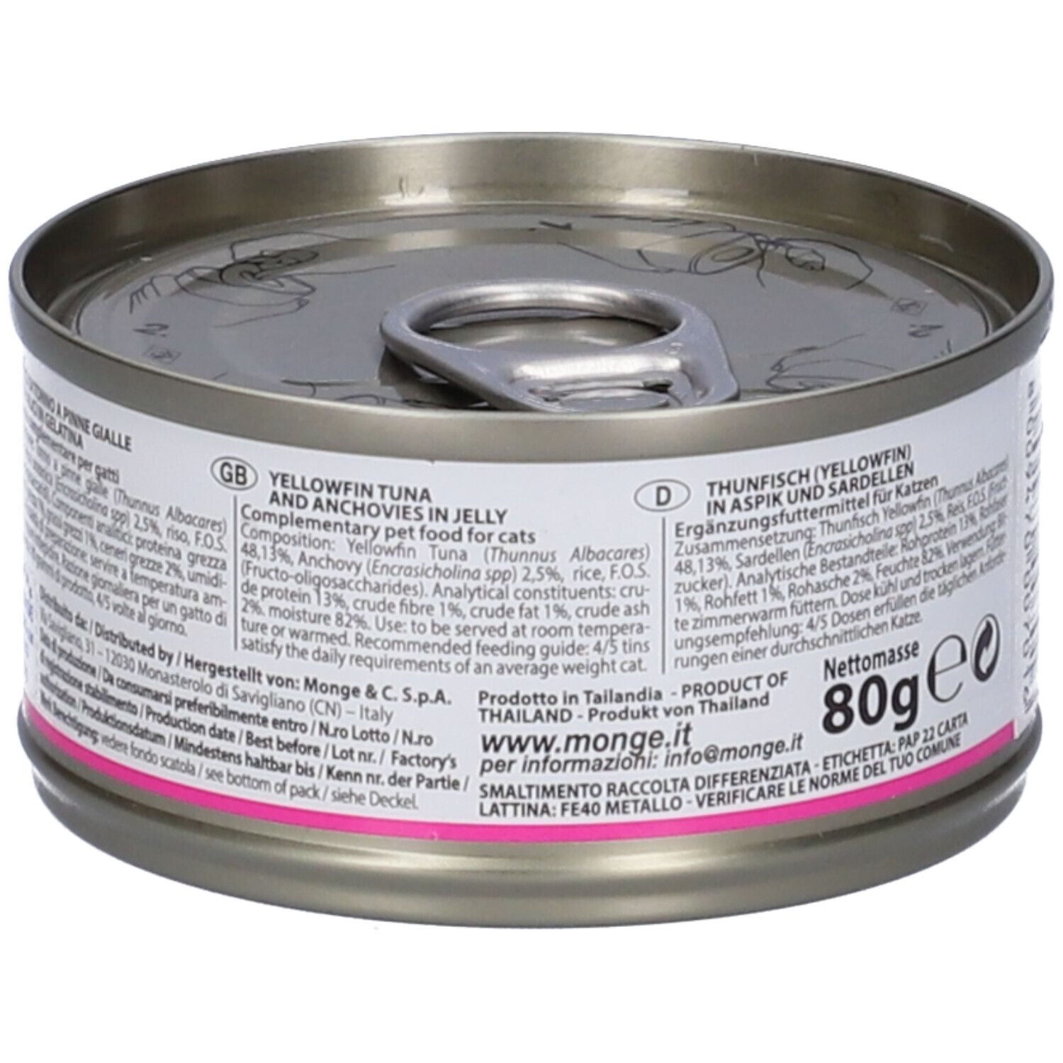 Lattina di cibo per gatti, vista laterale. Etichetta rosa con testo. Scritta: Monge Jelly. 80g. Contiene tonno e acciughe.