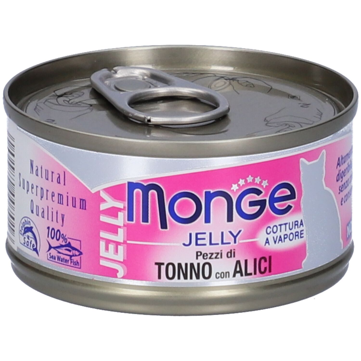 Lattina di cibo per gatti con etichetta rosa. Scritta: Monge Jelly Pezzi di Tonno con Alici. Contiene pesce.
