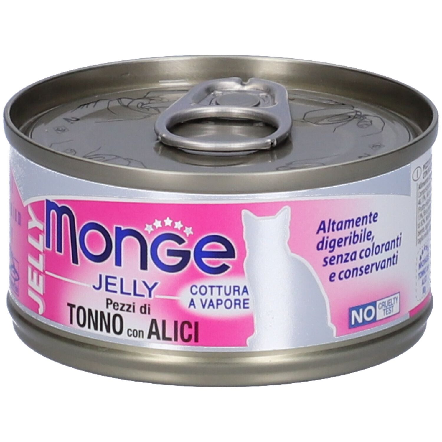 Lattina di cibo per gatti con etichetta rosa. Scritta: Monge Jelly Pezzi di Tonno con Alici. Senza test sugli animali.