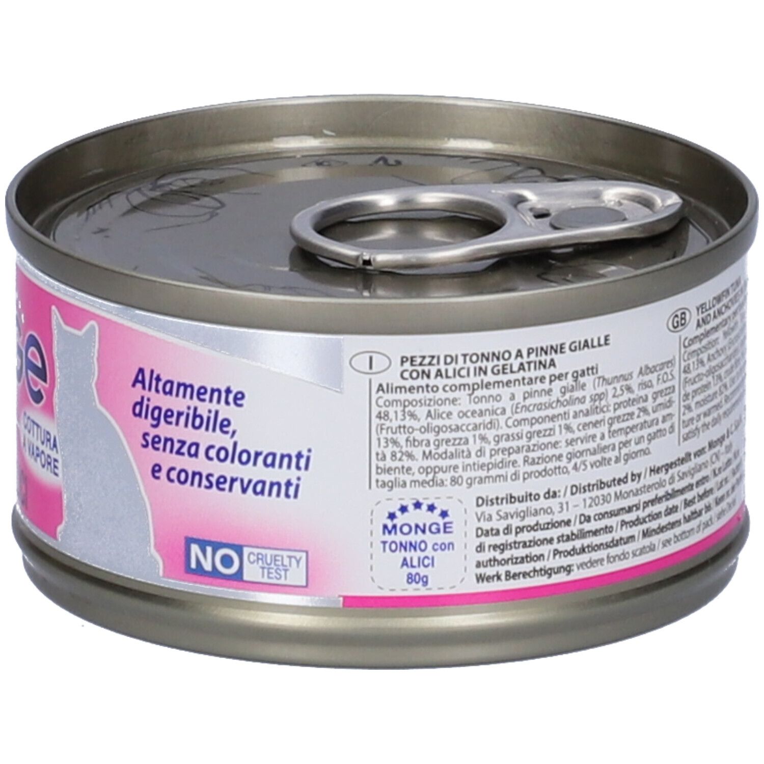 Lattina di cibo per gatti, vista laterale. Etichetta rosa con testo. Scritta: Monge Jelly. 80g. Senza test sugli animali.