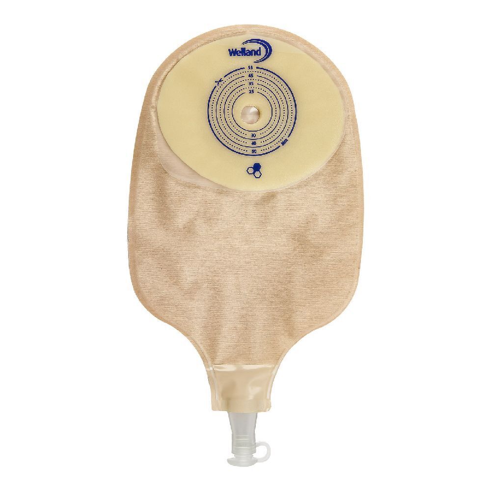 Sistema di sacca beige con apertura circolare e chiusura. Marchio Welland visibile.