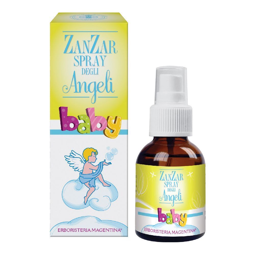 ZanZar Spray degli Angeli Baby, Flasche und Verpackung. Braune Flasche mit weißem Sprühkopf. Gelbes Etikett mit Text.