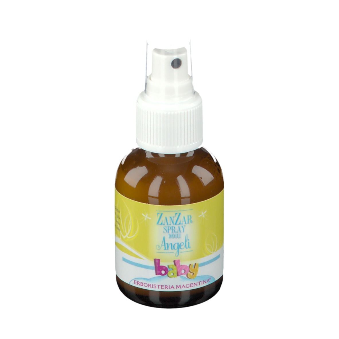 ZanZar Spray degli Angeli Baby, braune Flasche mit weißem Sprühkopf. Gelbes Etikett mit Text. Produktansicht.