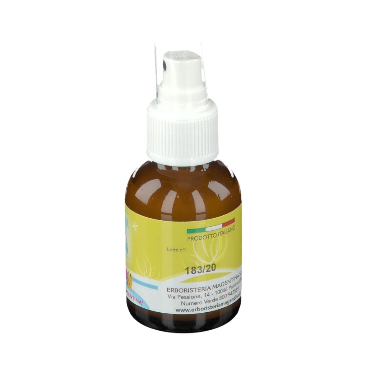 ZanZar Spray degli Angeli Baby, braune Flasche mit weißem Sprühkopf. Gelbes Etikett mit Text. Produktansicht.