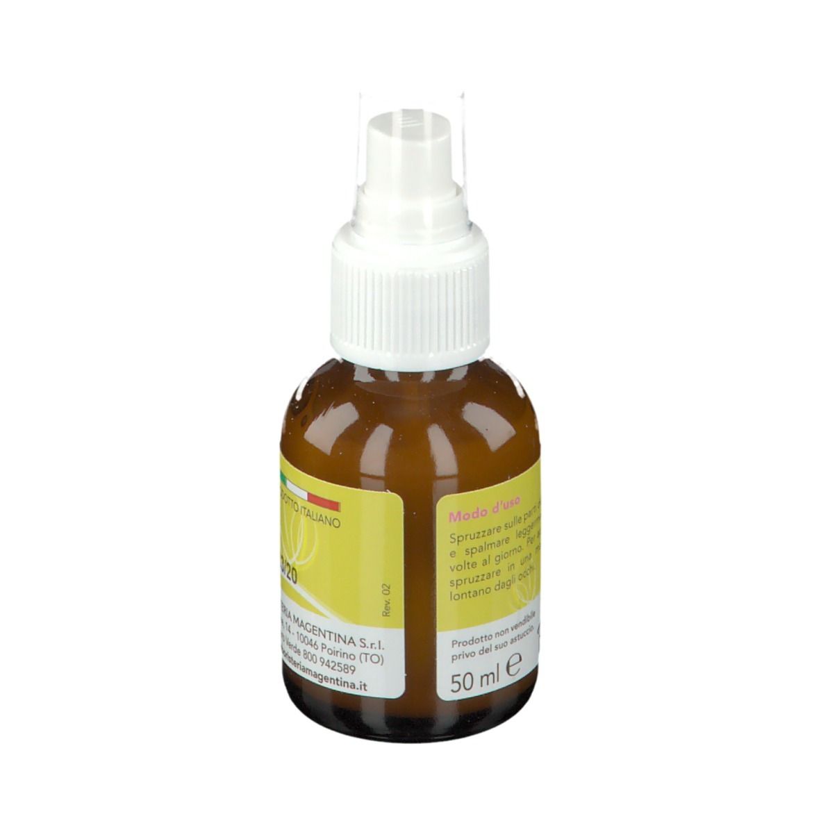 ZanZar Spray degli Angeli Baby, braune Flasche mit weißem Sprühkopf. Gelbes Etikett mit Text. Produktansicht.