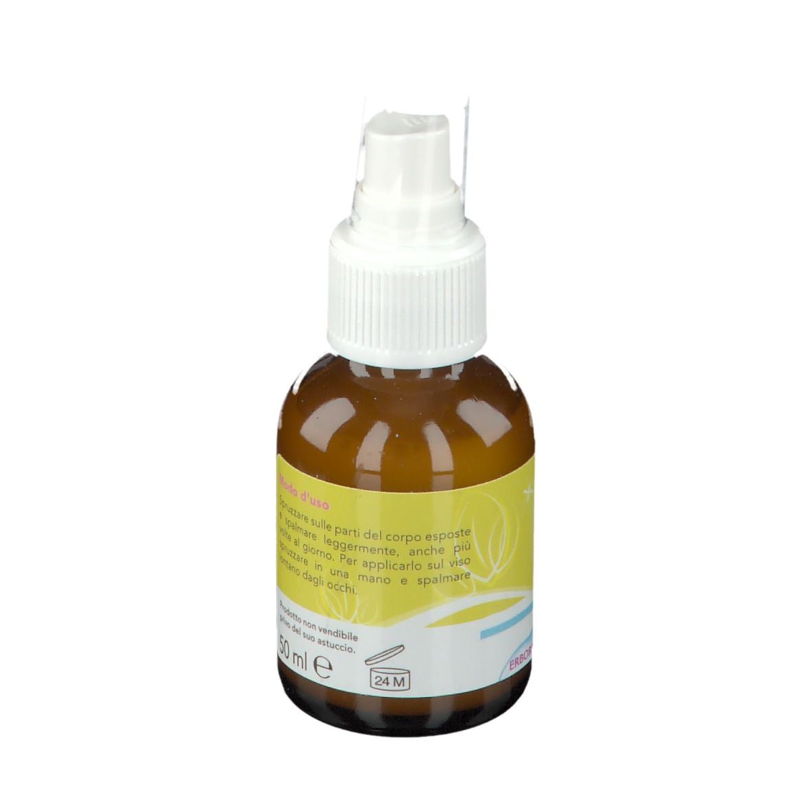 ZanZar Spray degli Angeli Baby, braune Flasche mit weißem Sprühkopf. Gelbes Etikett mit Text. Produktansicht.