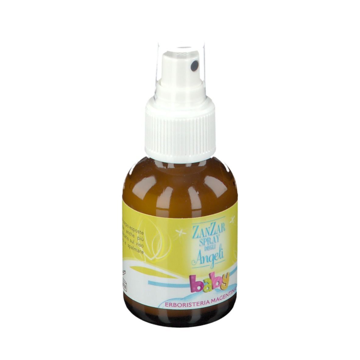 ZanZar Spray degli Angeli Baby, braune Flasche mit weißem Sprühkopf. Gelbes Etikett mit Text. Produktansicht.