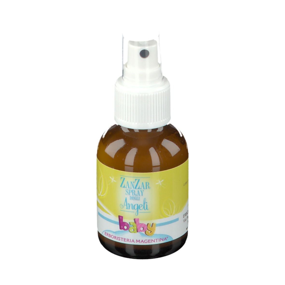 ZanZar Spray degli Angeli Baby, braune Flasche mit weißem Sprühkopf. Gelbes Etikett mit Text. Produktansicht.