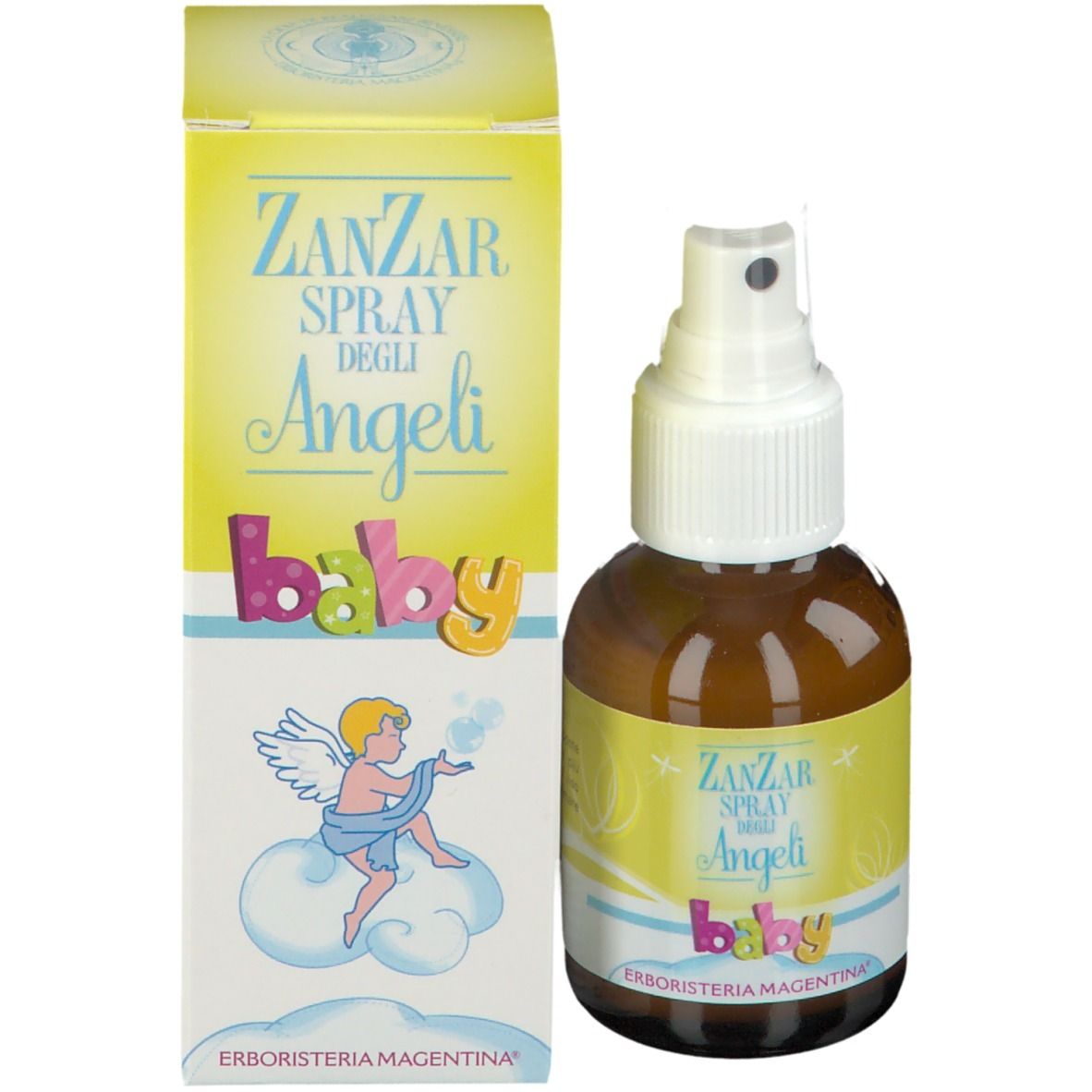 ZanZar Spray degli Angeli Baby, braune Flasche mit weißem Sprühkopf. Gelbes Etikett mit Text. Produktansicht.