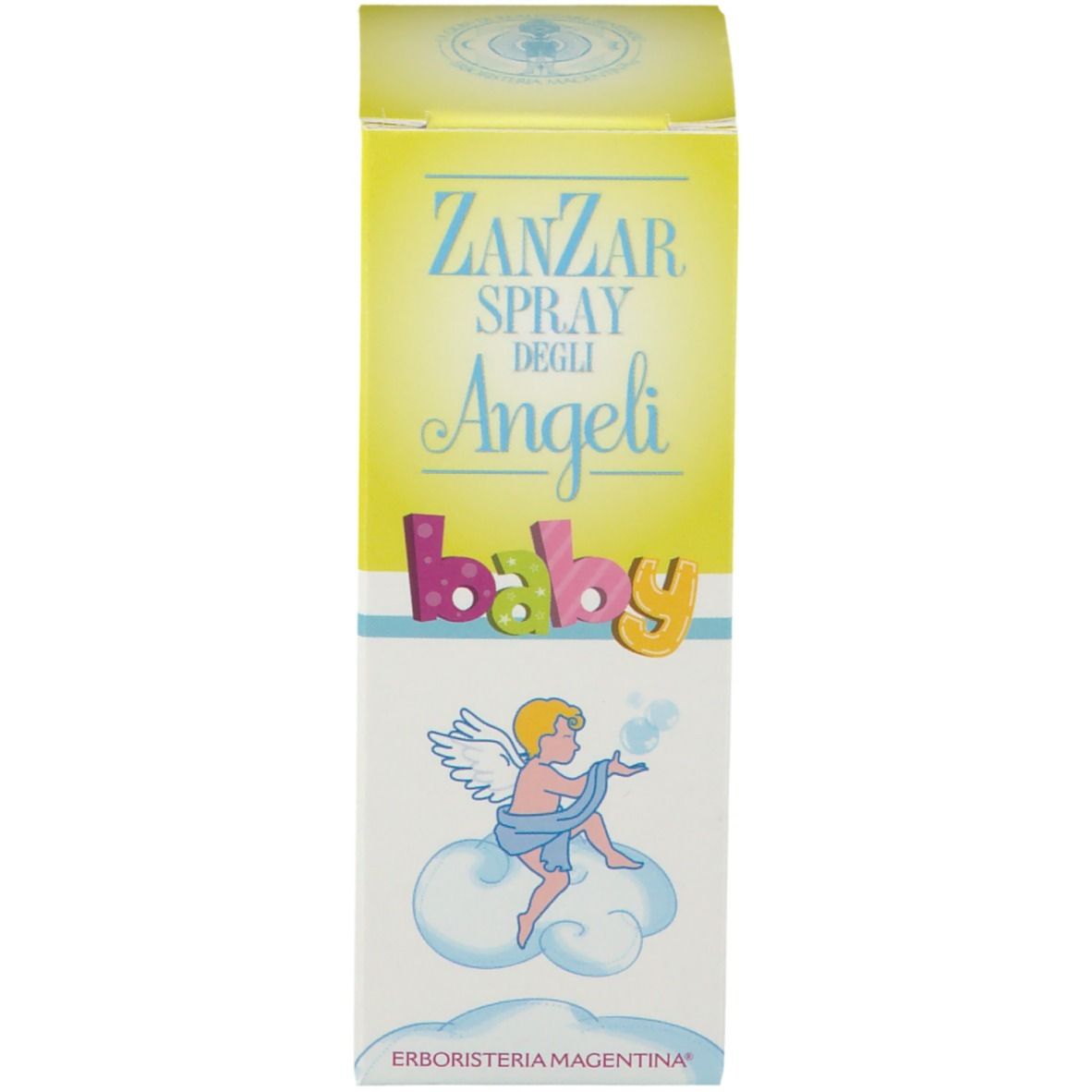 ZanZar Spray degli Angeli Baby, Flasche und Verpackung. Braune Flasche mit weißem Sprühkopf. Gelbes Etikett mit Text.