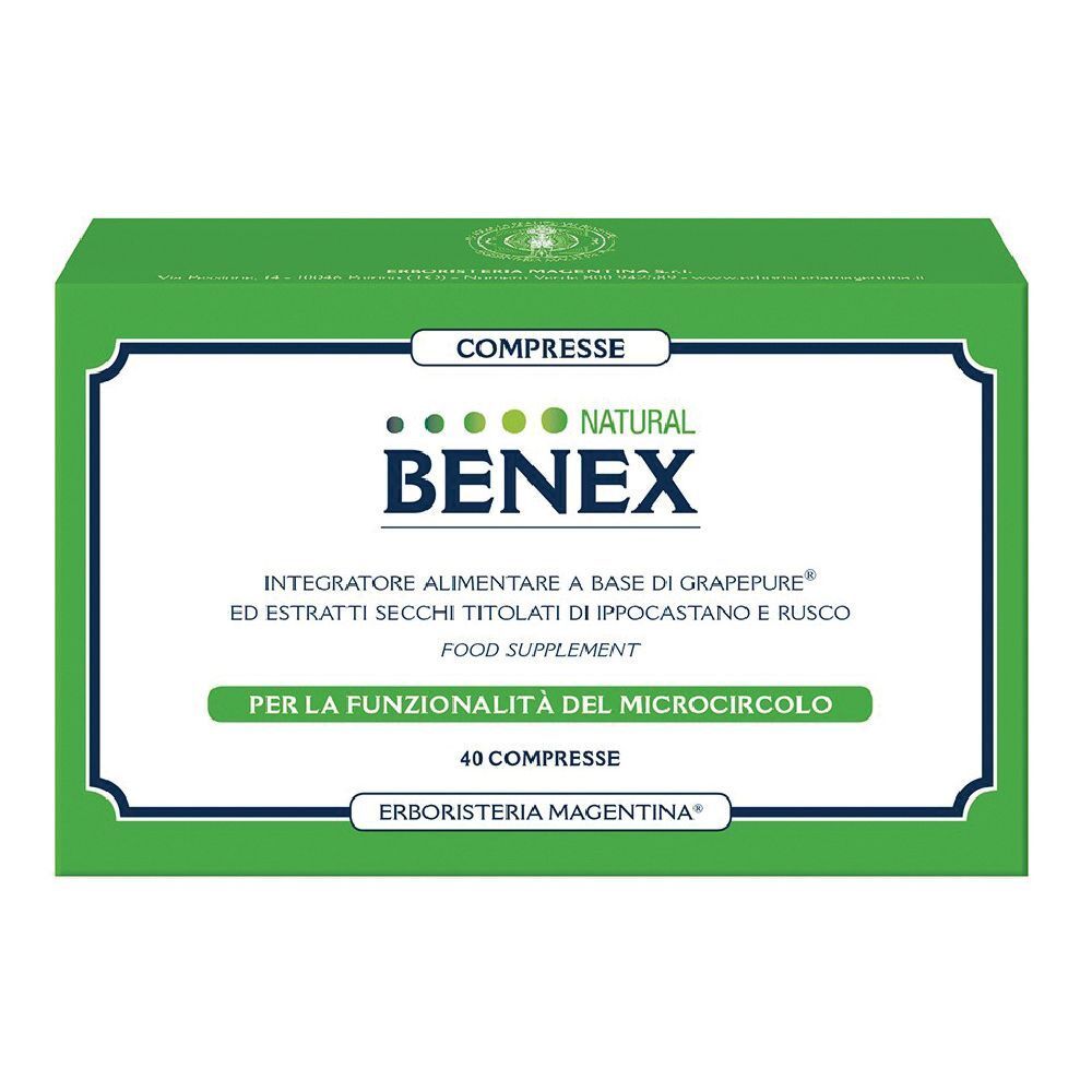 Scatola verde con cornice bianca. Scritta: BENEX NATURAL, 40 compresse. Produttore: Erboristeria Magentina.