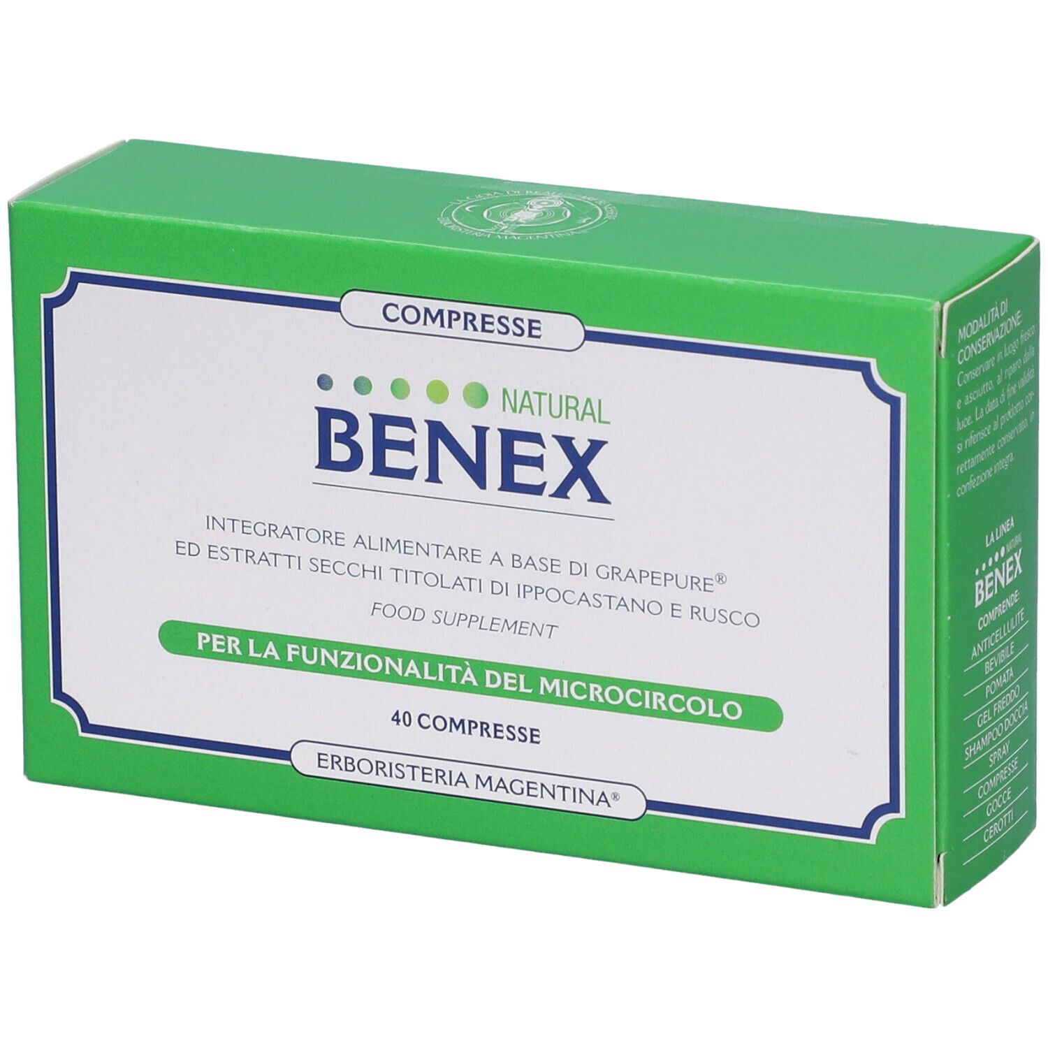 Scatola verde, leggermente inclinata. Scritta: BENEX NATURAL, 40 compresse. Produttore: Erboristeria Magentina. Angolo di visione.