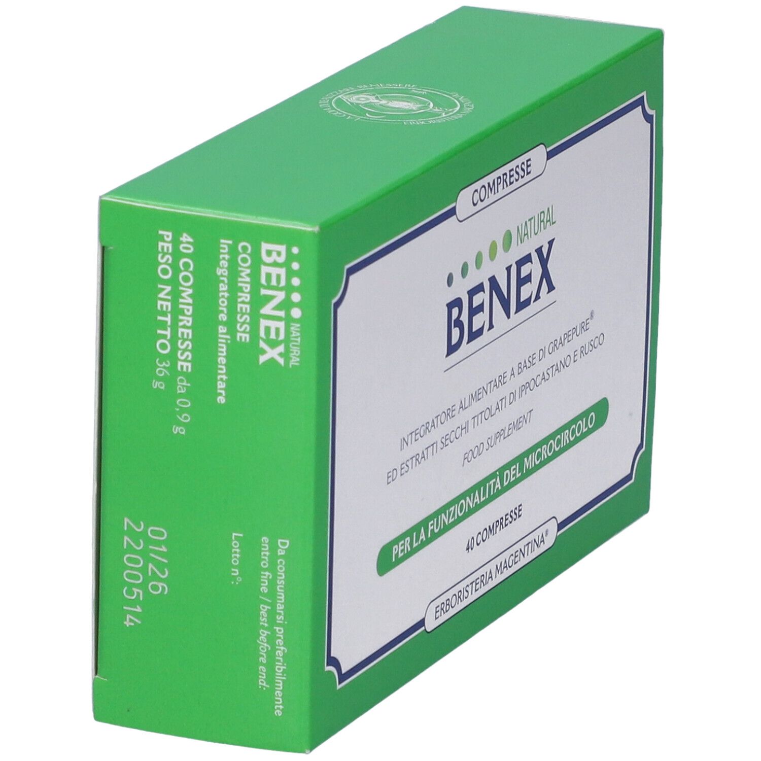 Scatola verde, inclinata. Scritta: BENEX NATURAL, 40 compresse. Produttore: Erboristeria Magentina. Dettagli sul lato.