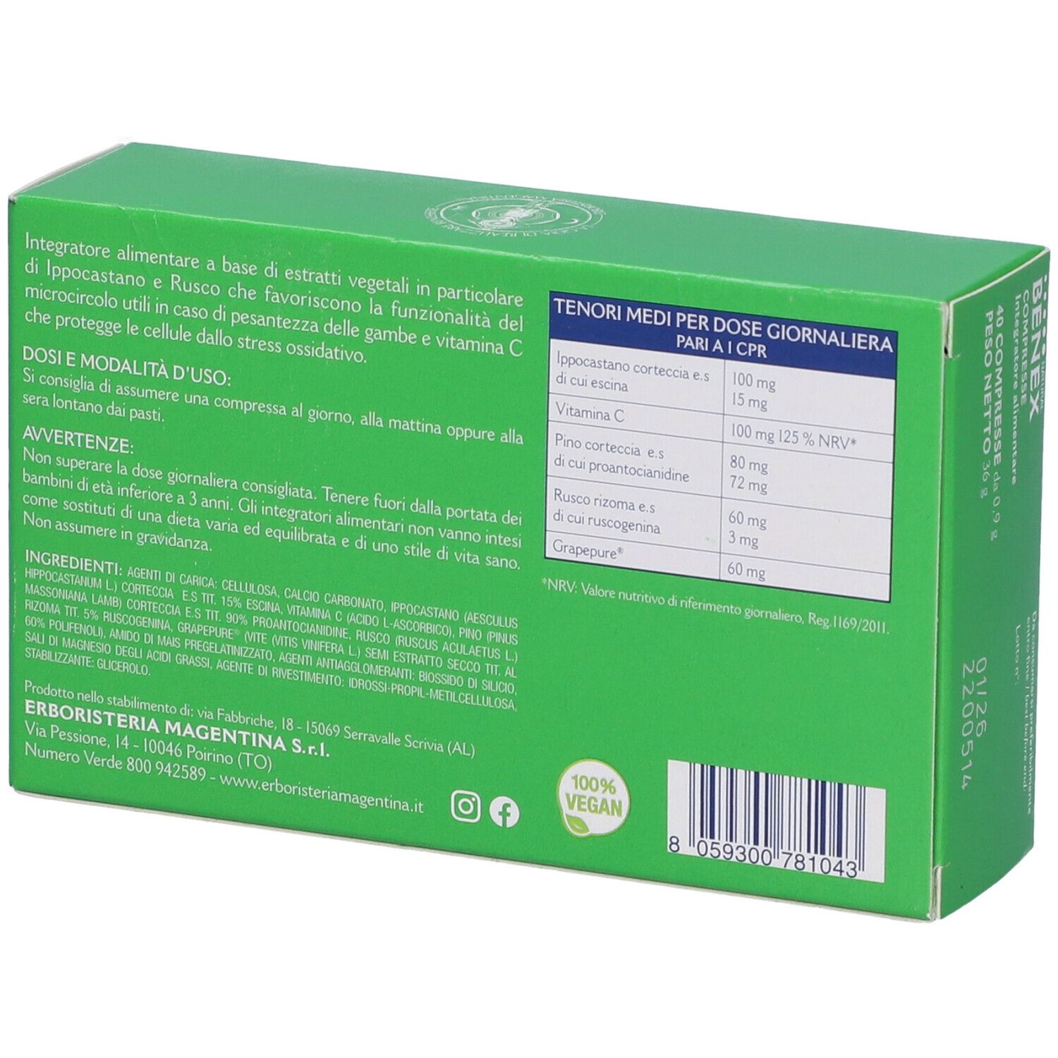 Scatola verde, inclinata. Scritta: BENEX NATURAL, 40 compresse. Produttore: Erboristeria Magentina. Retro con ingredienti.