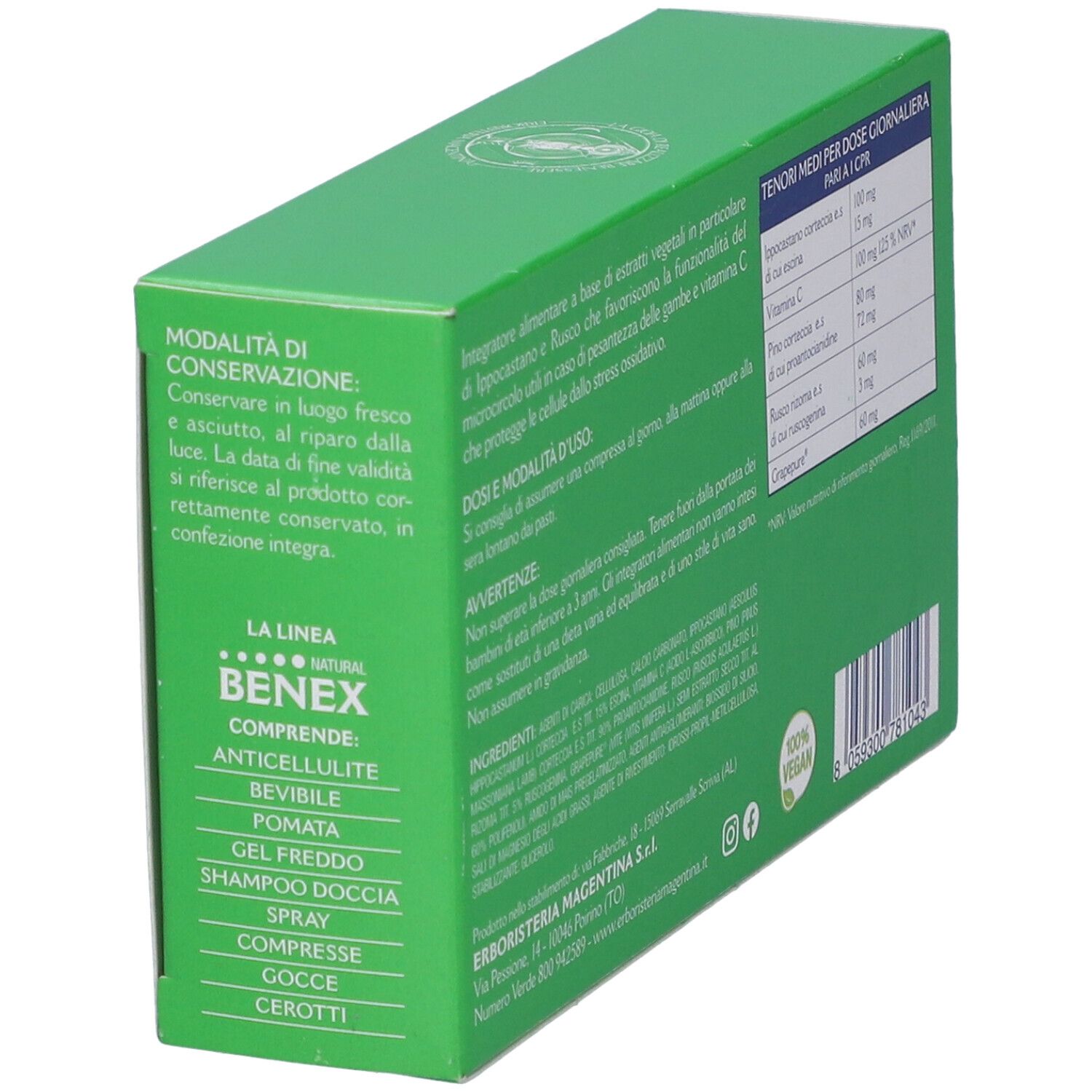 Scatola verde, inclinata. Scritta: BENEX NATURAL, 40 compresse. Produttore: Erboristeria Magentina. Retro con ingredienti.