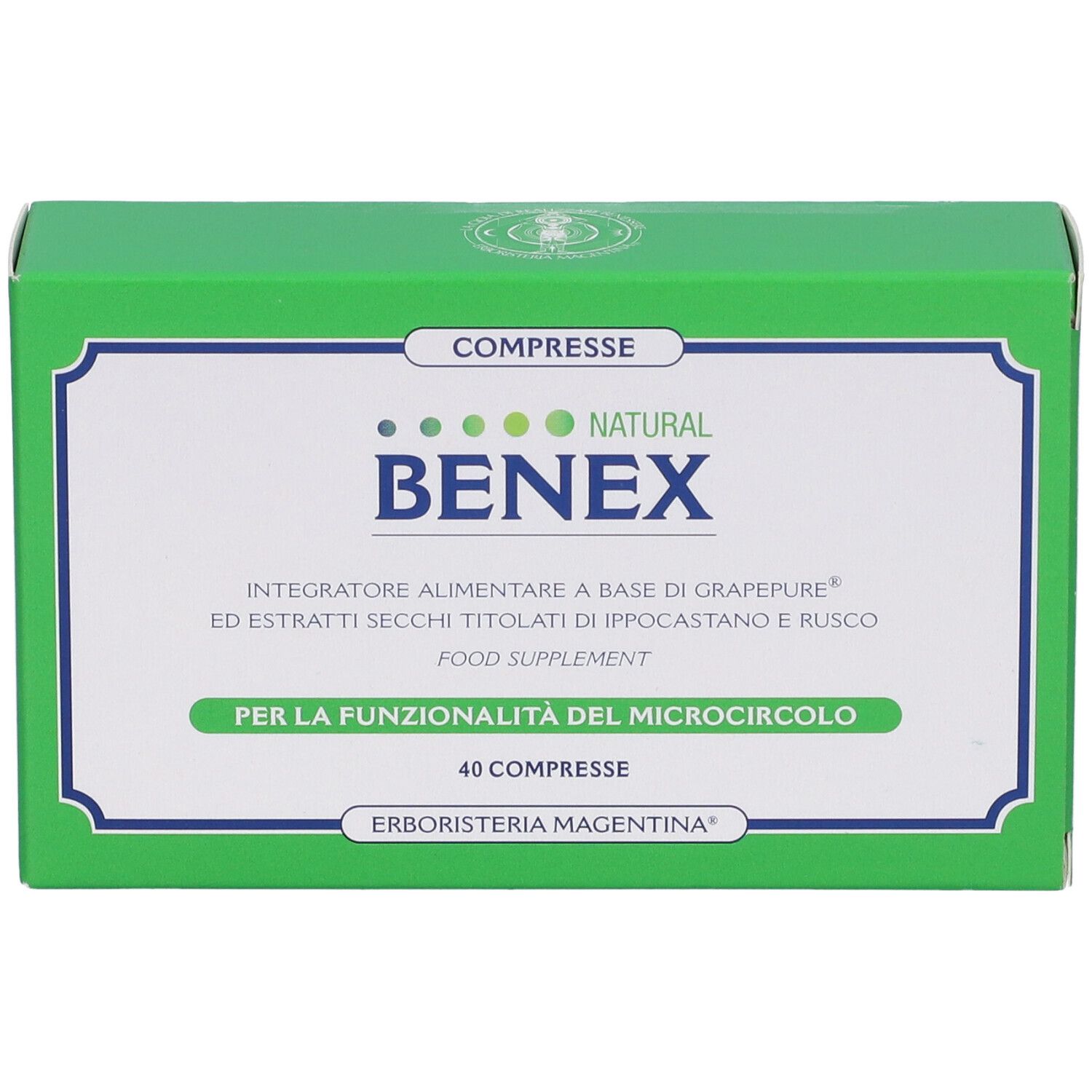 Scatola verde con cornice bianca. Scritta: BENEX NATURAL, 40 compresse. Produttore: Erboristeria Magentina.