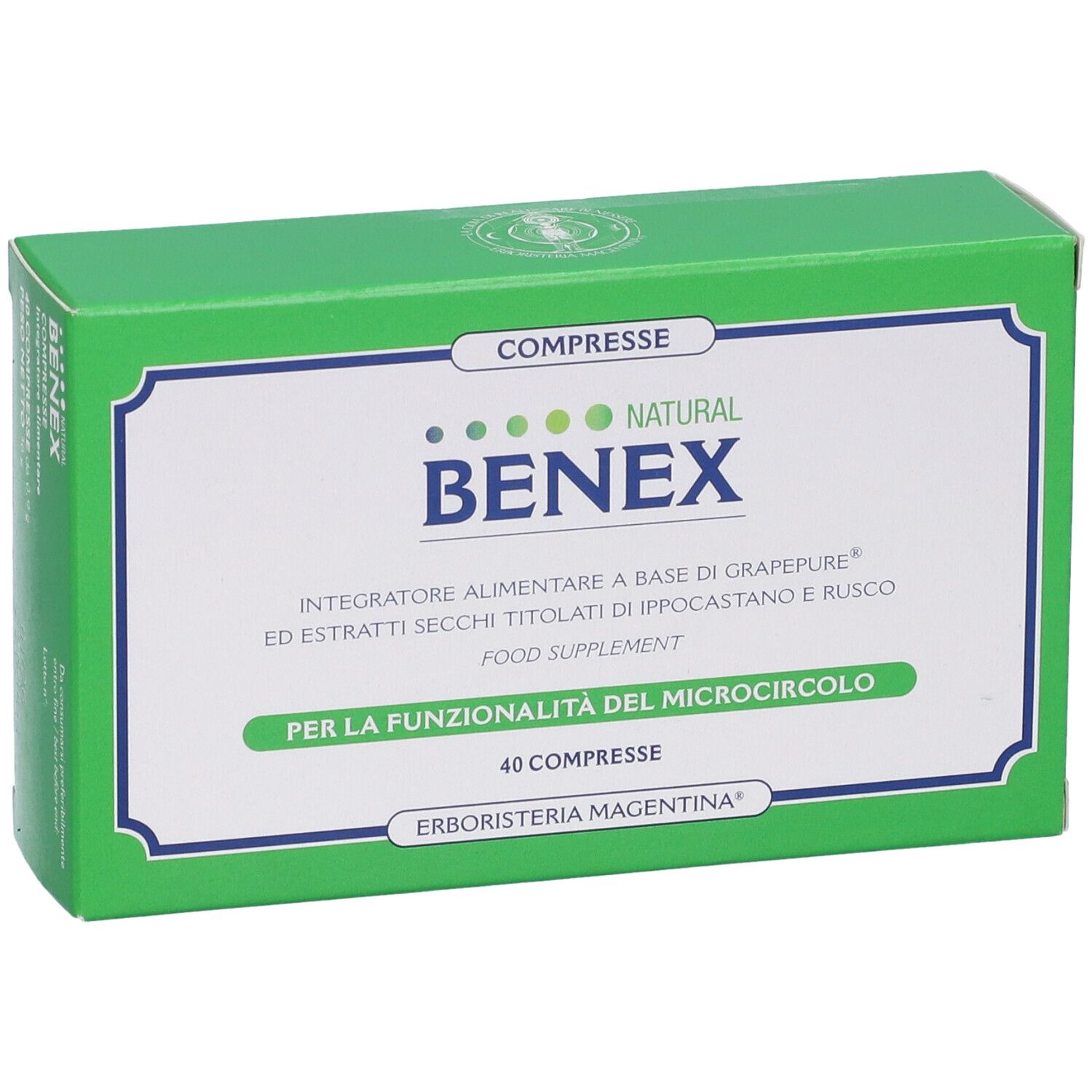Scatola verde con cornice bianca. Scritta: BENEX NATURAL, 40 compresse. Produttore: Erboristeria Magentina.