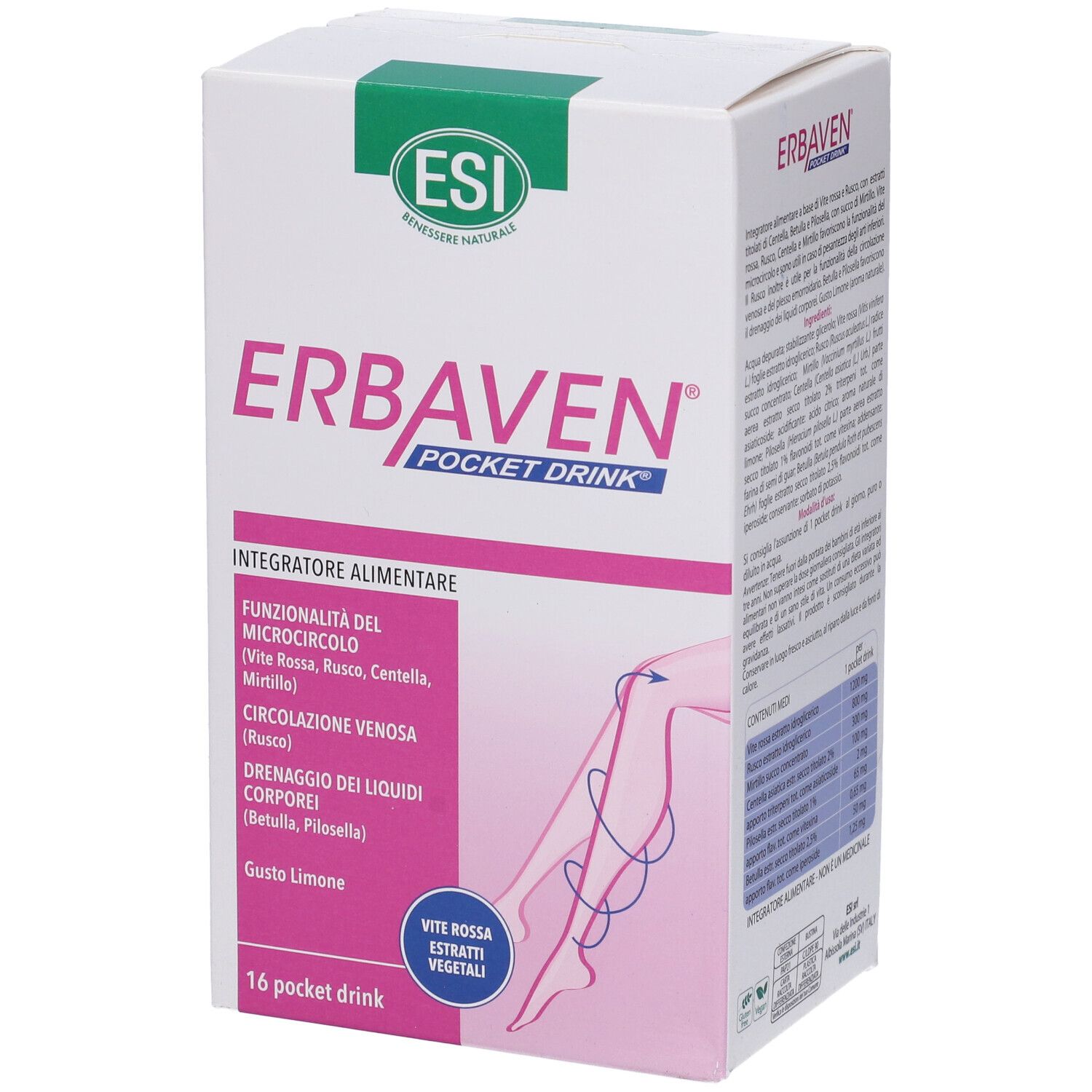 Scatola ESI Erbaven Pocket Drink. Informazioni prodotto e illustrazione gamba. 16 Pocket Drink.