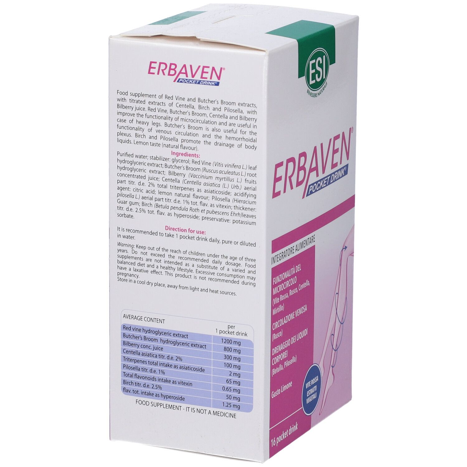 Scatola ESI Erbaven Pocket Drink. Informazioni prodotto e illustrazione gamba. 16 Pocket Drink.