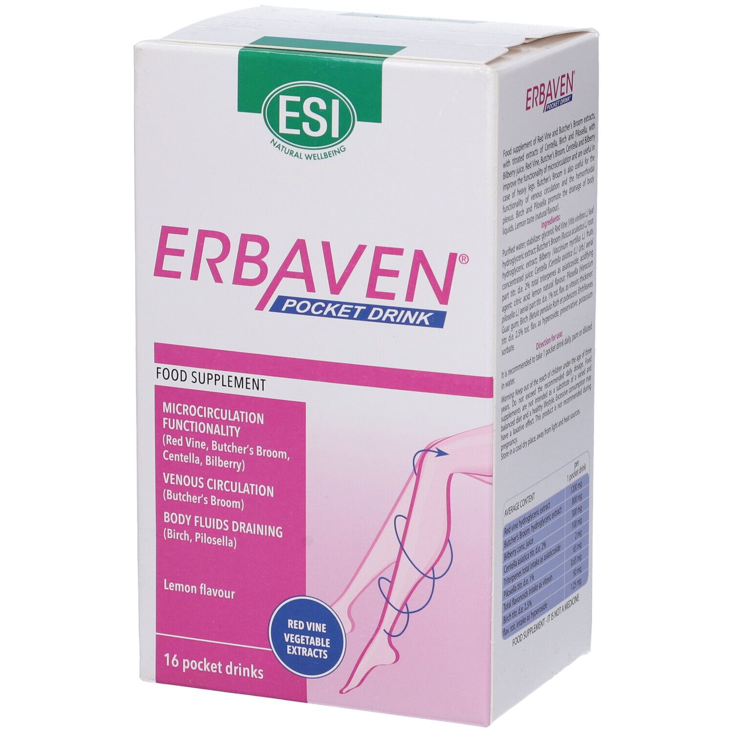 Scatola ESI Erbaven Pocket Drink. Informazioni prodotto e illustrazione gamba. 16 Pocket Drink.