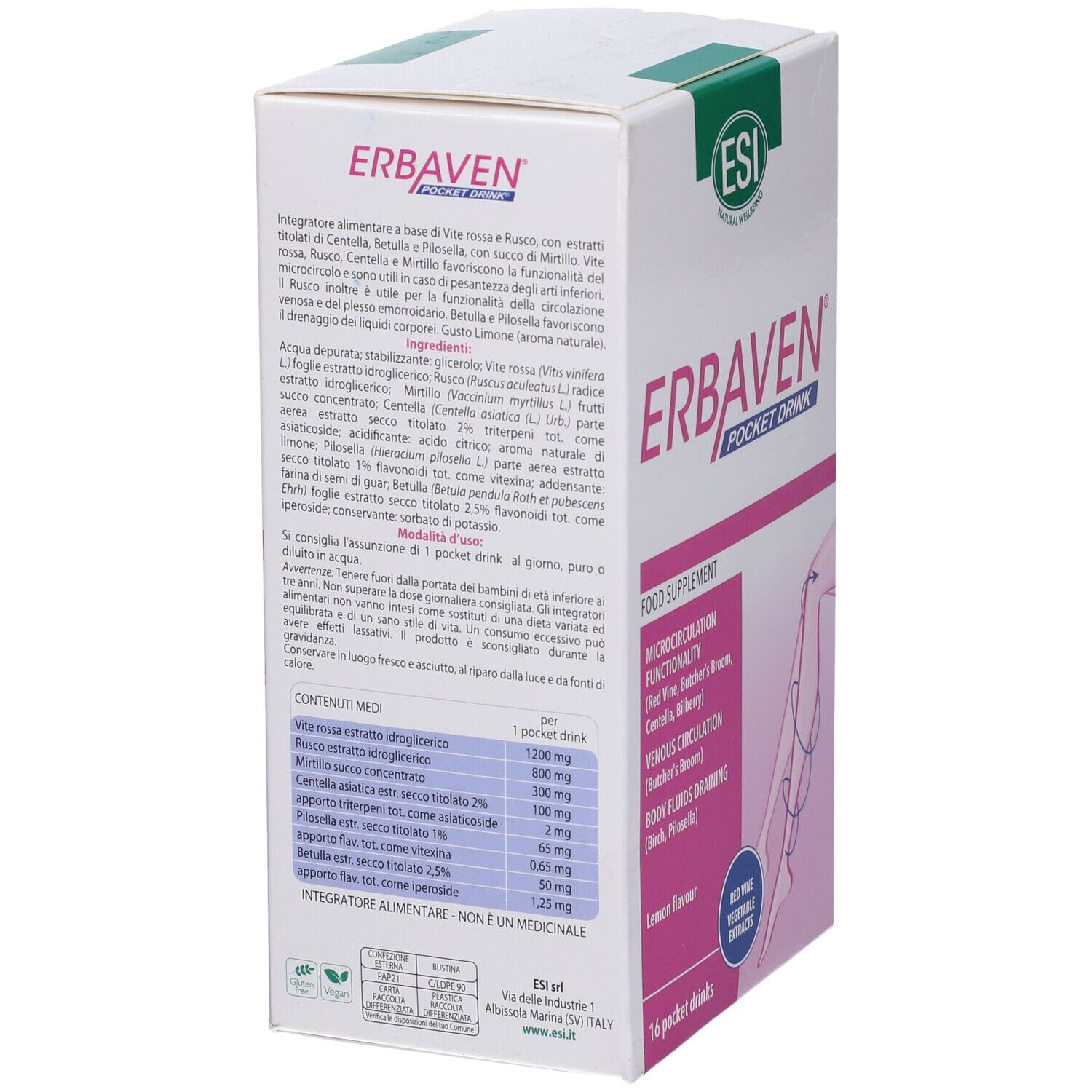 Scatola ESI Erbaven Pocket Drink. Informazioni prodotto e illustrazione gamba. 16 Pocket Drink.
