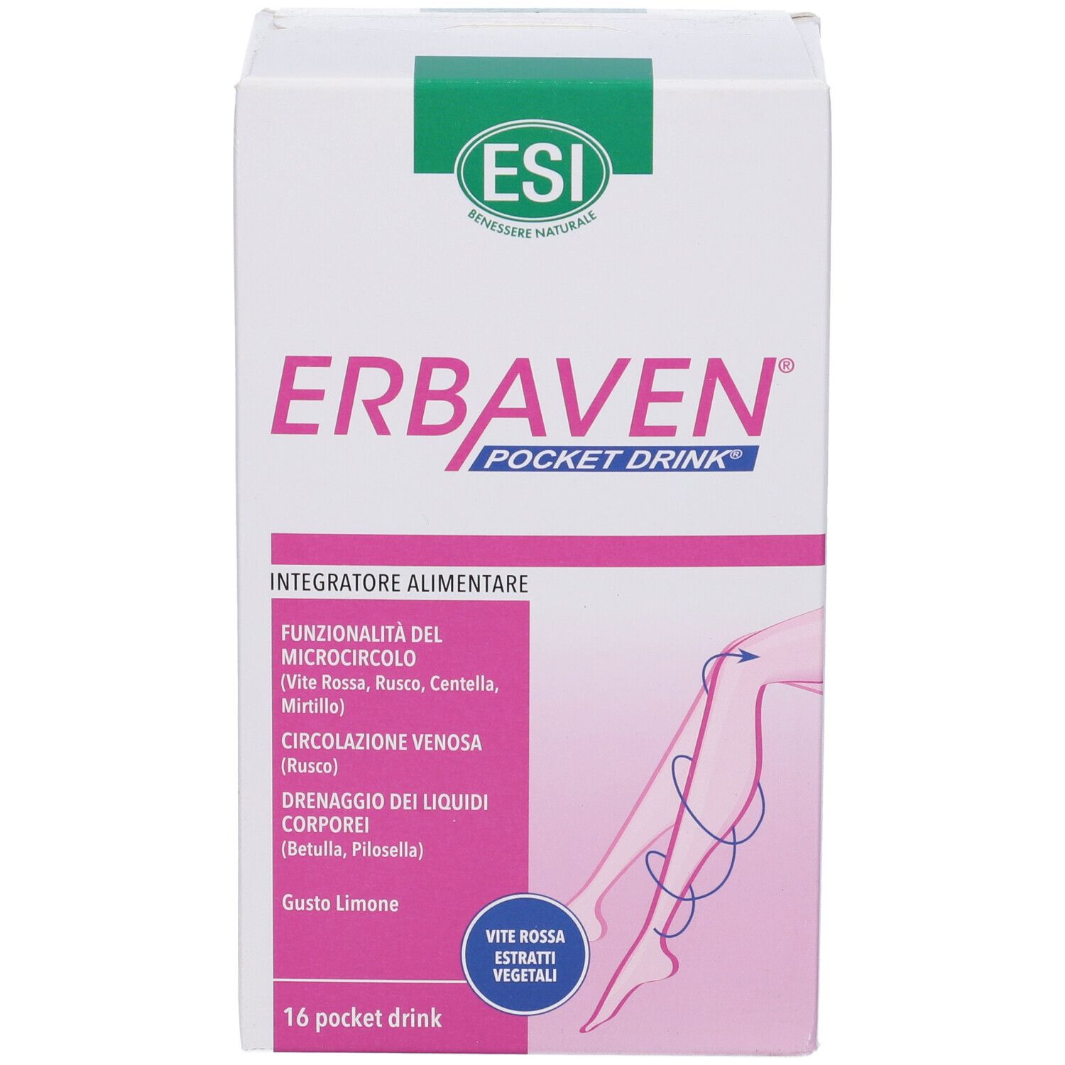 Scatola ESI Erbaven Pocket Drink. Informazioni prodotto e illustrazione gamba. 16 Pocket Drink.