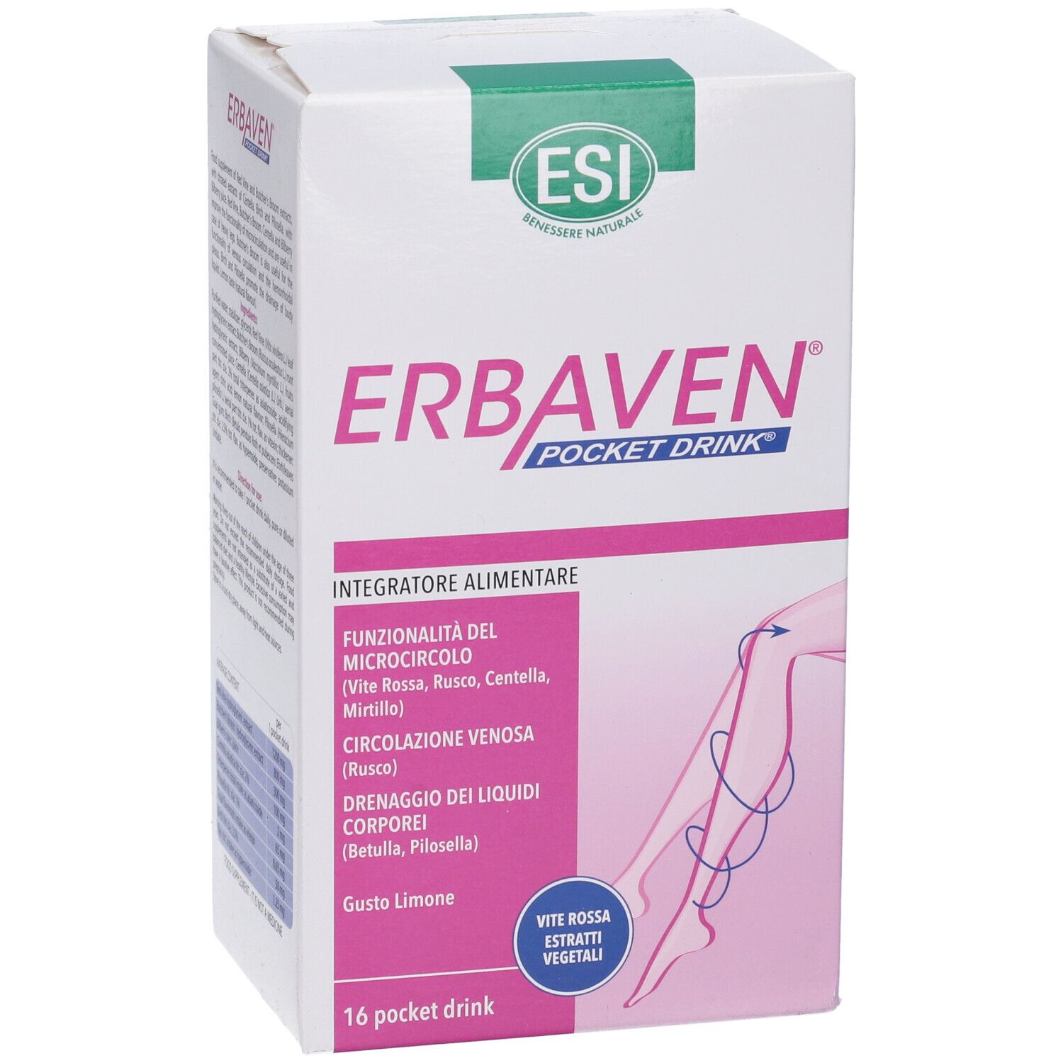 Scatola ESI Erbaven Pocket Drink. Informazioni prodotto e illustrazione gamba. 16 Pocket Drink.