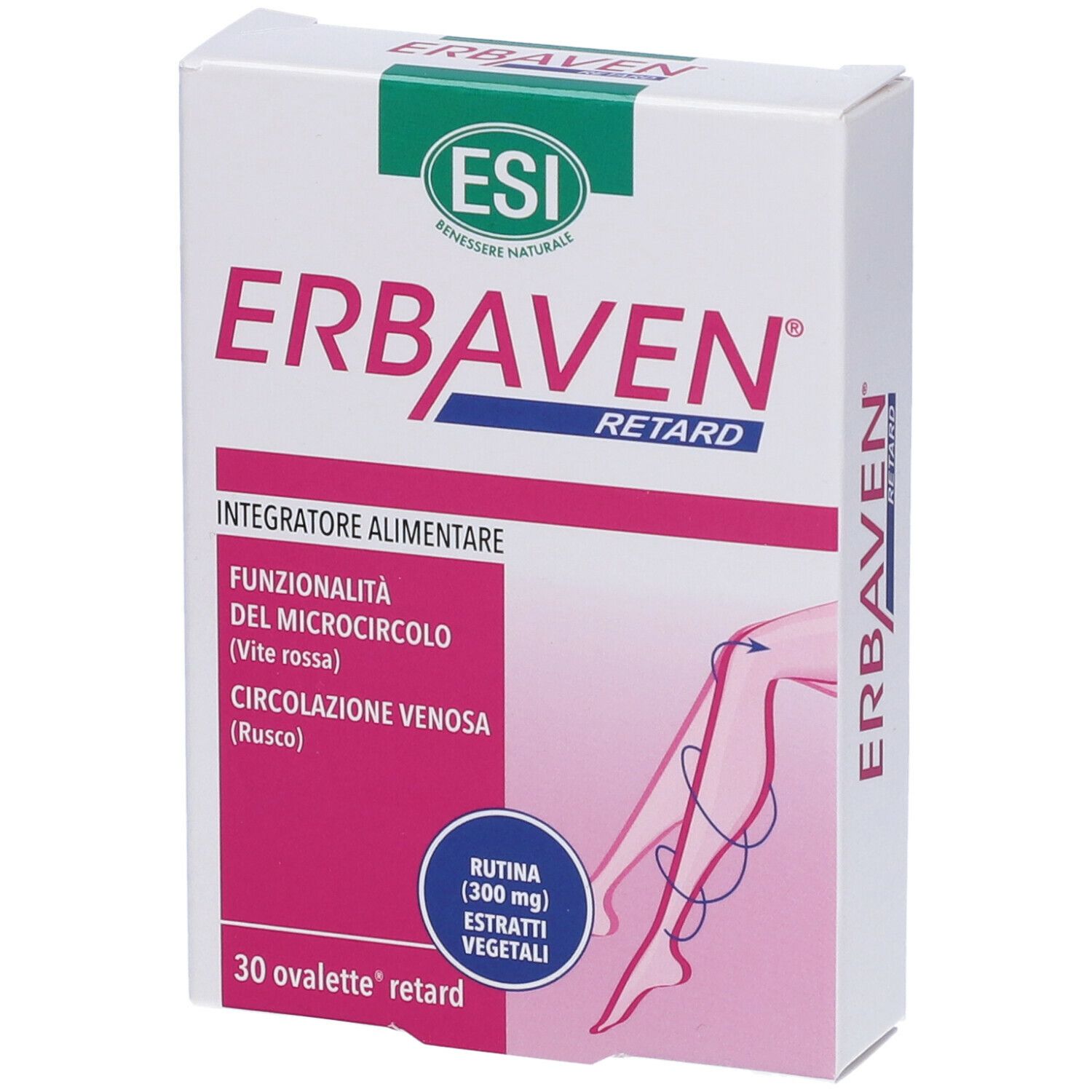 Confezione di ESI Erbaven® Retard. Scatola bianca con nome e logo del prodotto. Contiene informazioni sulla funzionalità del microcircolo.