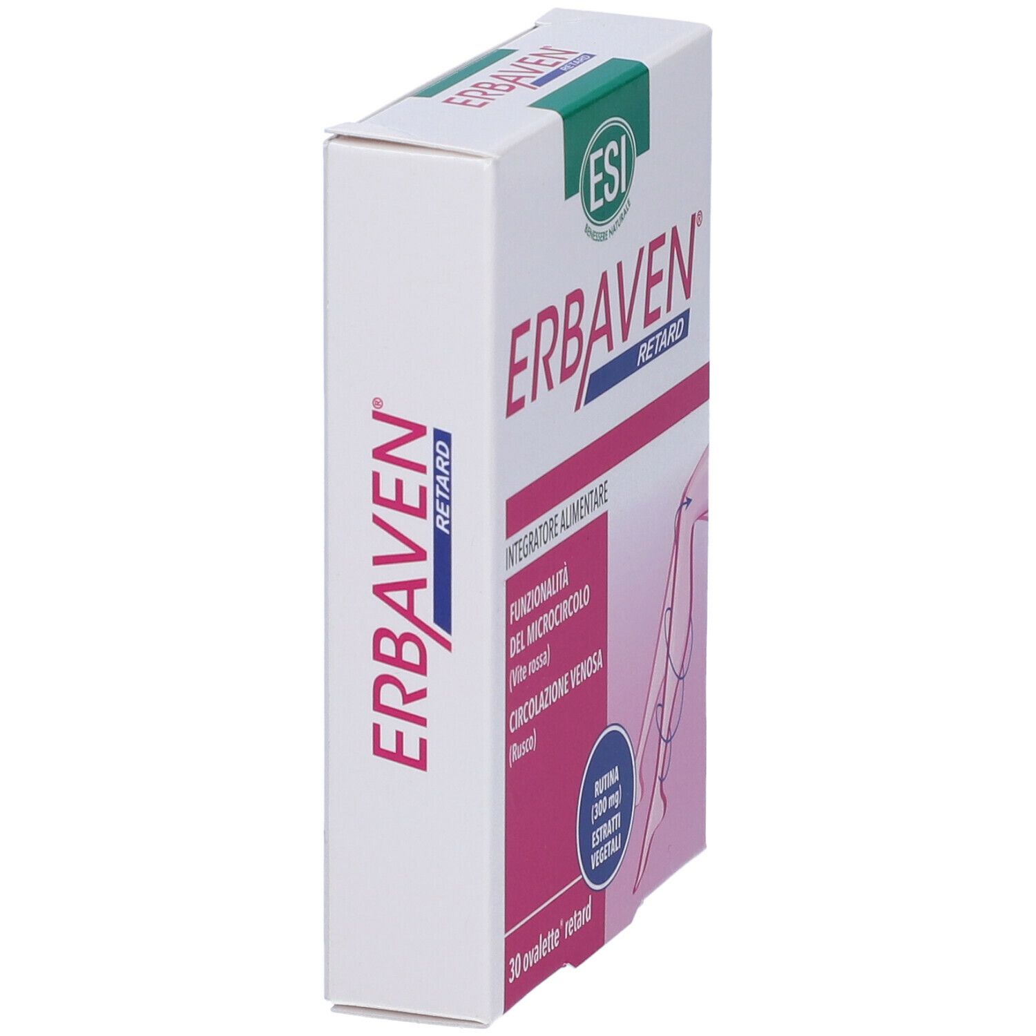 Vista laterale della confezione ESI Erbaven® Retard. Scatola bianca con nome e logo. Contiene informazioni sulla funzionalità del microcircolo.