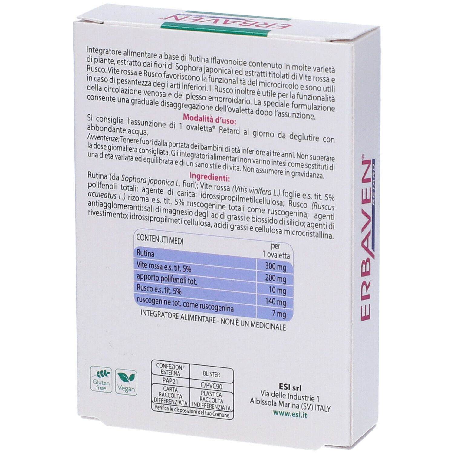 Retro della confezione ESI Erbaven® Retard. Contiene informazioni sugli ingredienti e l'uso. Senza glutine e vegano.